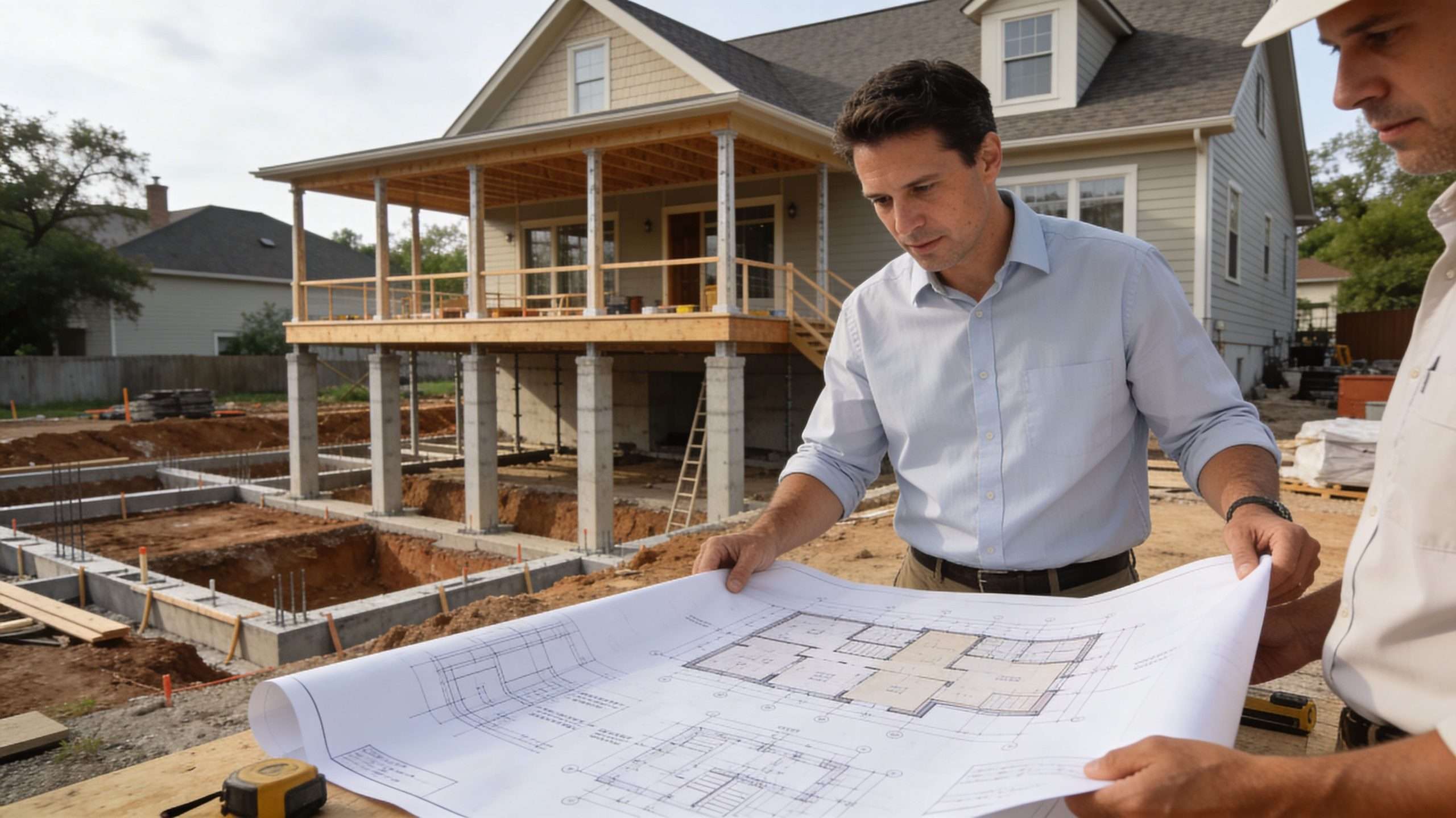 A builder and an architect reviewing blueprints at a residential house construction site outdoors.
