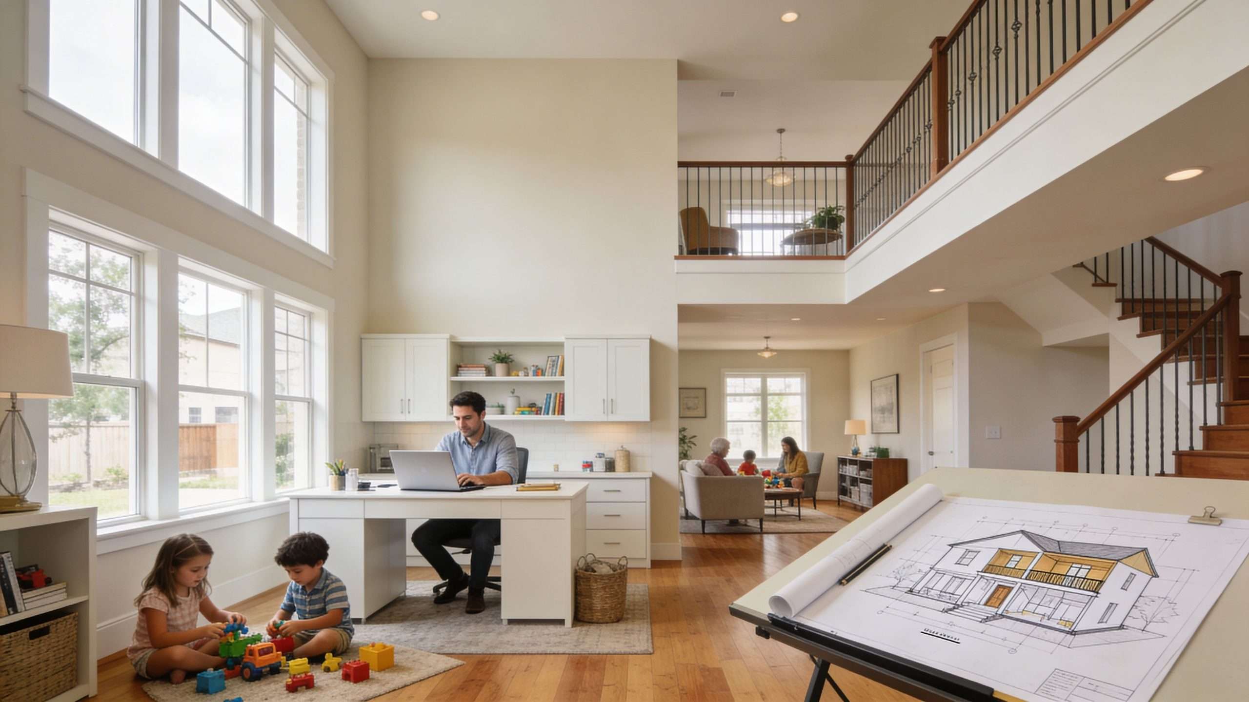 A family in a spacious house with a man working at a desk while children play nearby.
