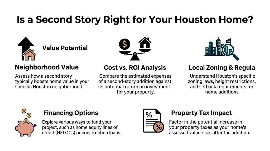 An infographic titled Is a Second Story Right for Your Houston Home outlining five key planning considerations.