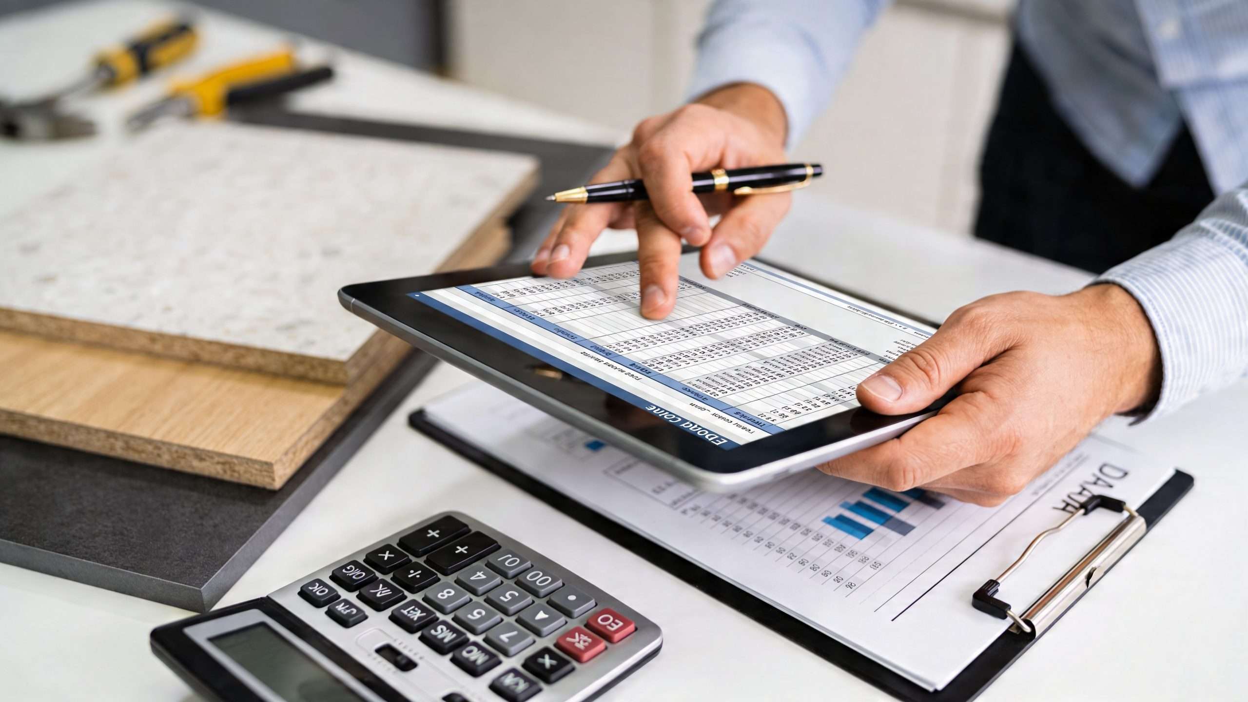 A professional analyzing kitchen countertop materials while reviewing a spreadsheet on a digital tablet at a desk.