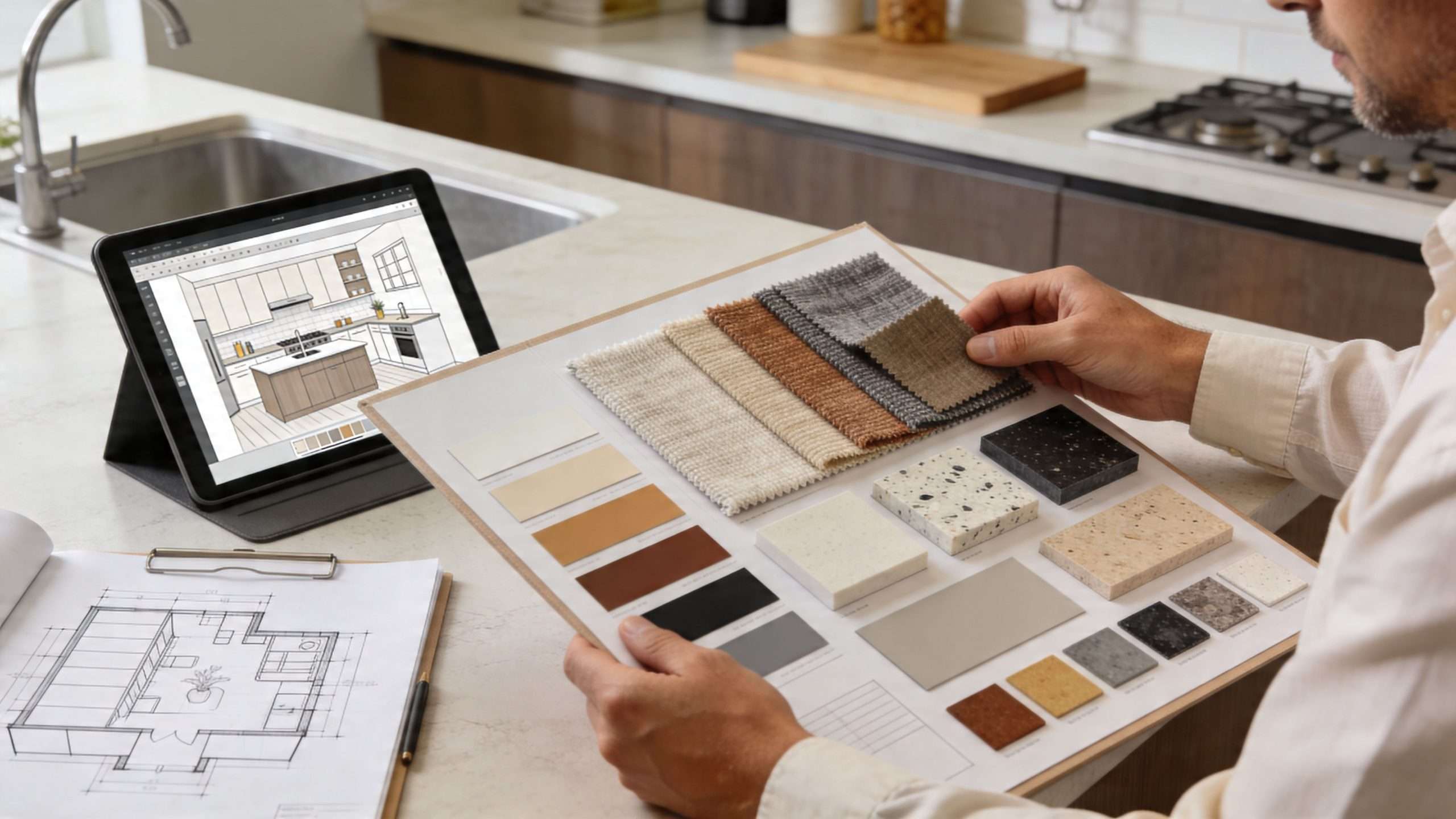 A professional interior designer comparing fabric and countertop material samples while viewing a kitchen renovation digital blueprint.