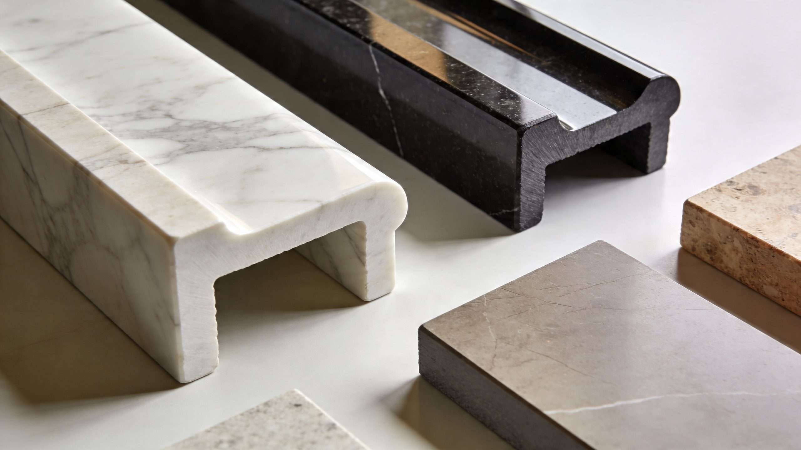 A selection of stone and marble countertop edge samples displayed on a clean white background.