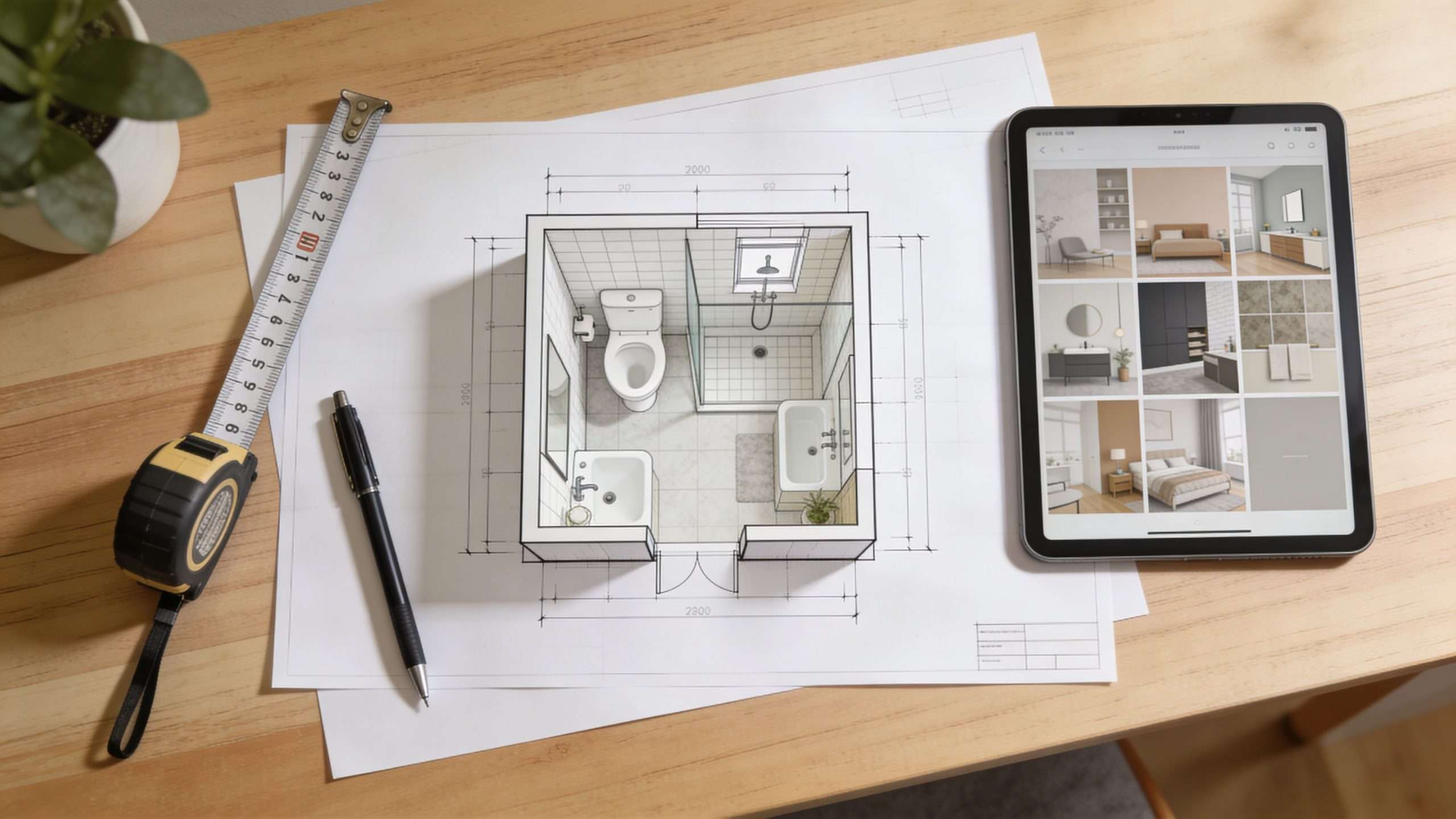 Architectural floor plan for a small bathroom layout displayed on a wooden desk with a tablet.