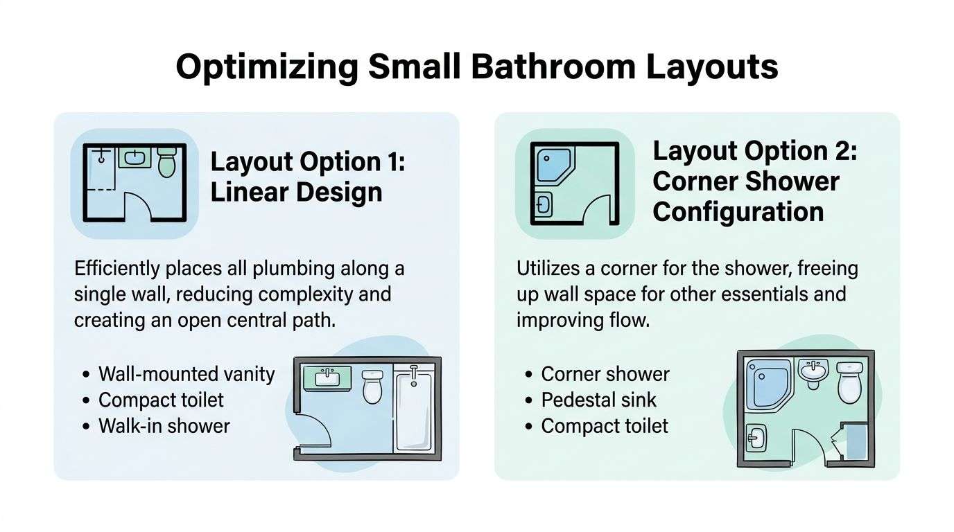 An infographic comparing two efficient layout options for small bathrooms: linear design and corner shower configuration.