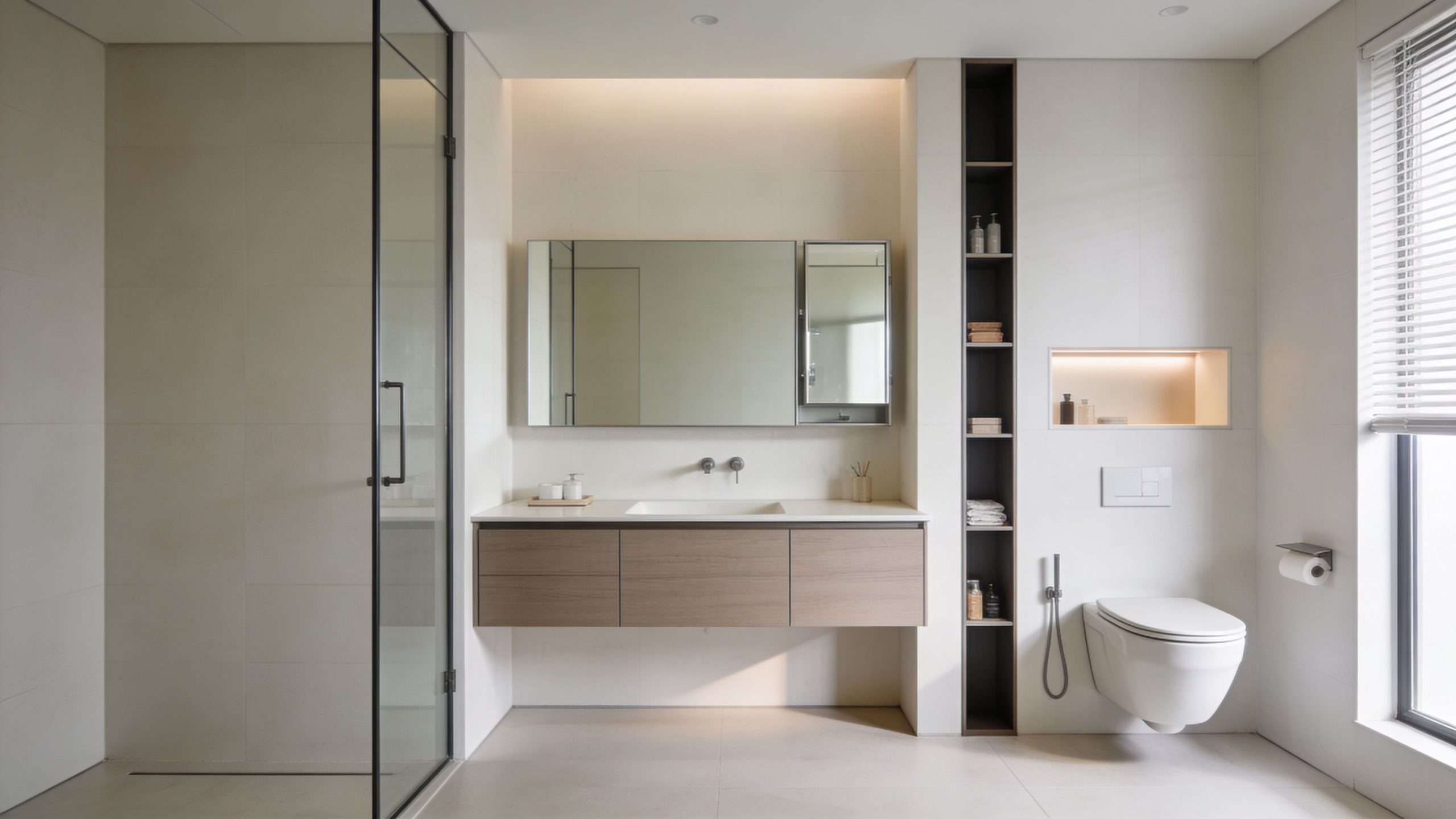 A minimalist modern bathroom featuring a wall-mounted wooden vanity, a sleek toilet, and a glass-enclosed walk-in shower.