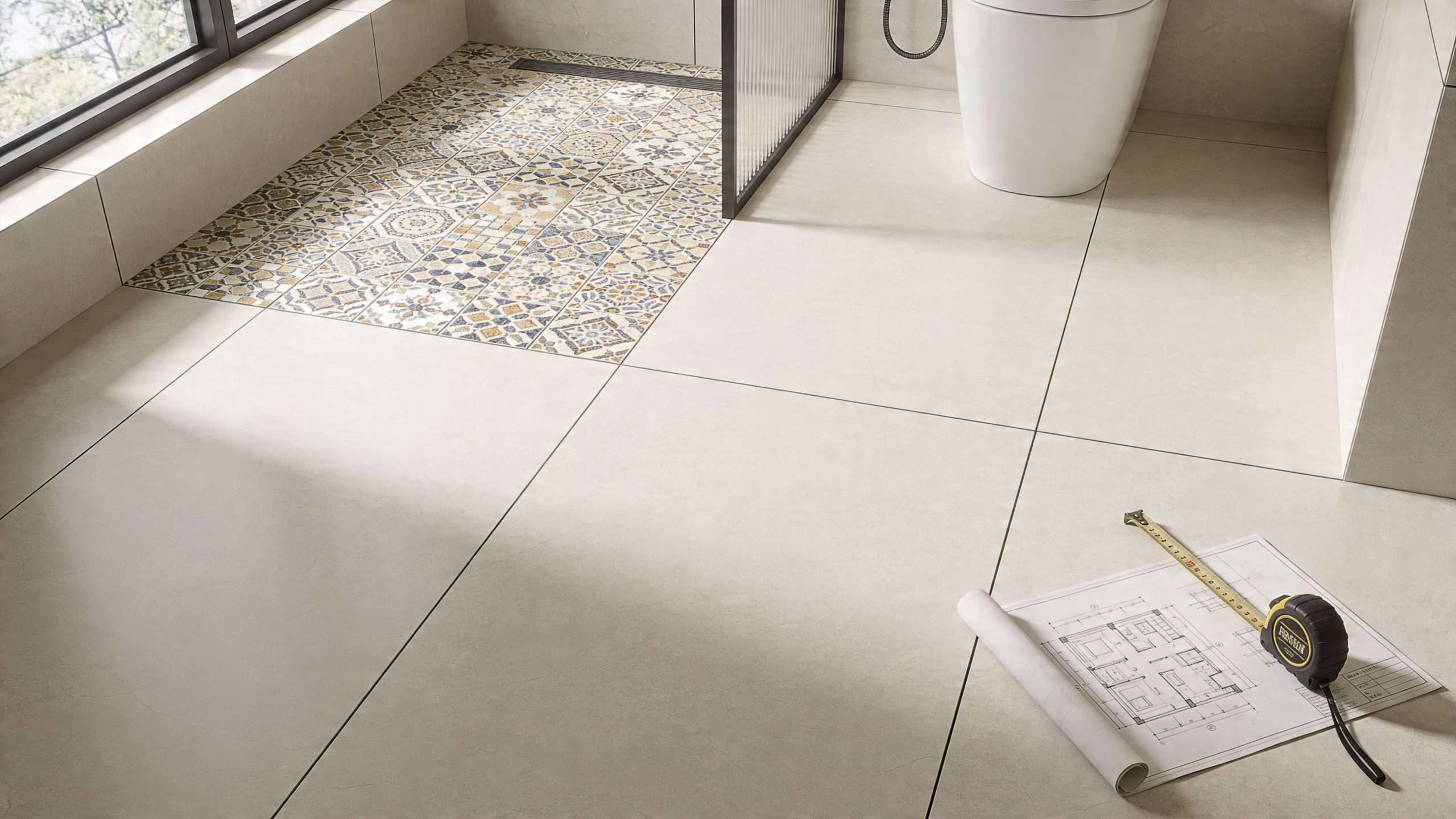 A bathroom renovation concept featuring neutral floor tiles and a decorative patterned shower floor area.
