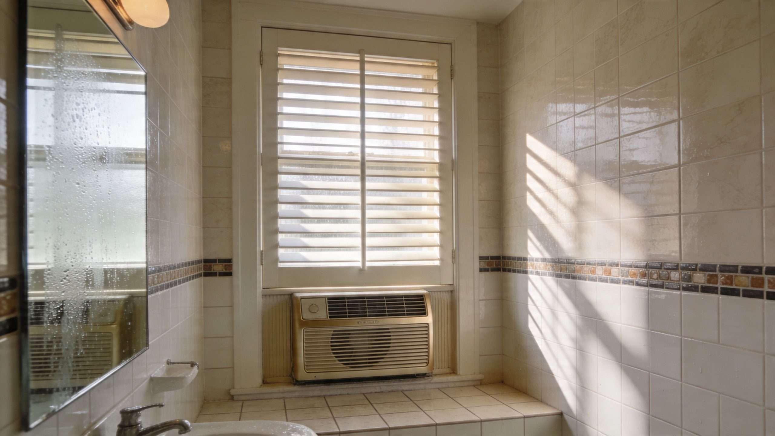A bright, tiled bathroom featuring a window with wooden shutters and a vintage air conditioning unit.