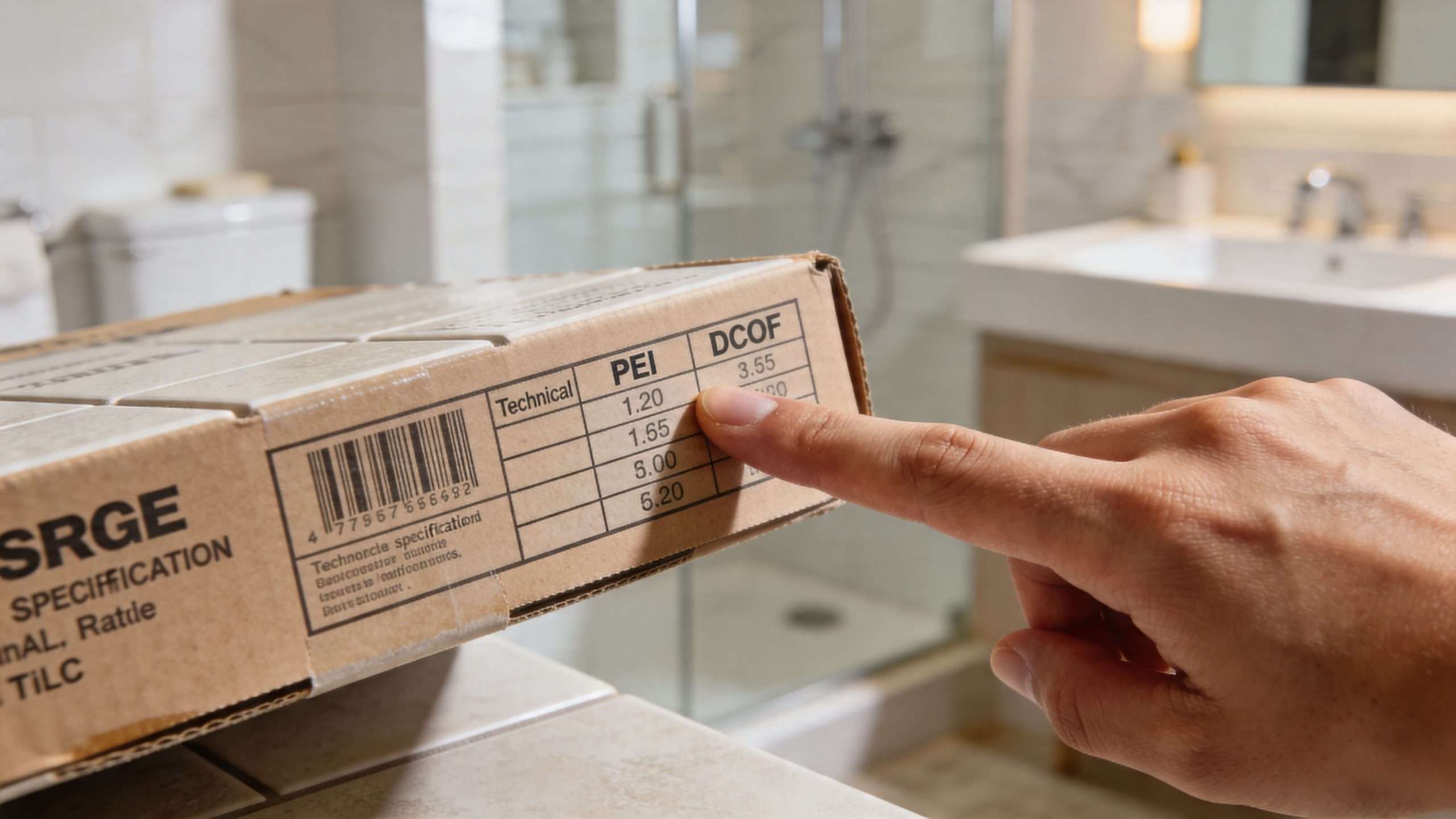 A person pointing to the technical specification chart on a tile box during a bathroom renovation.