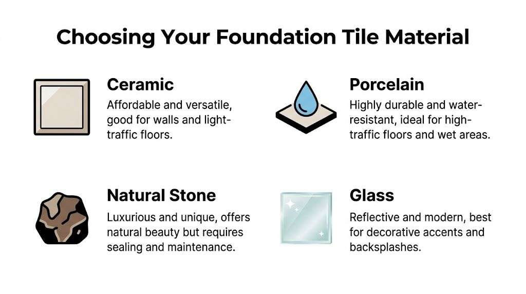 An infographic titled Choosing Your Foundation Tile Material, detailing the characteristics of ceramic, porcelain, natural stone, and glass tiles.