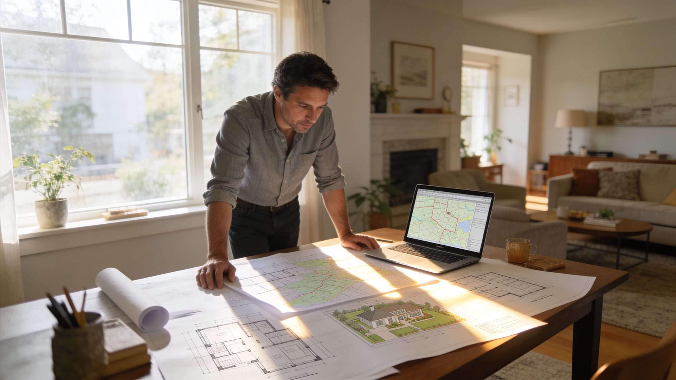 An architect standing at a desk reviewing blueprints and a laptop for a home construction project.