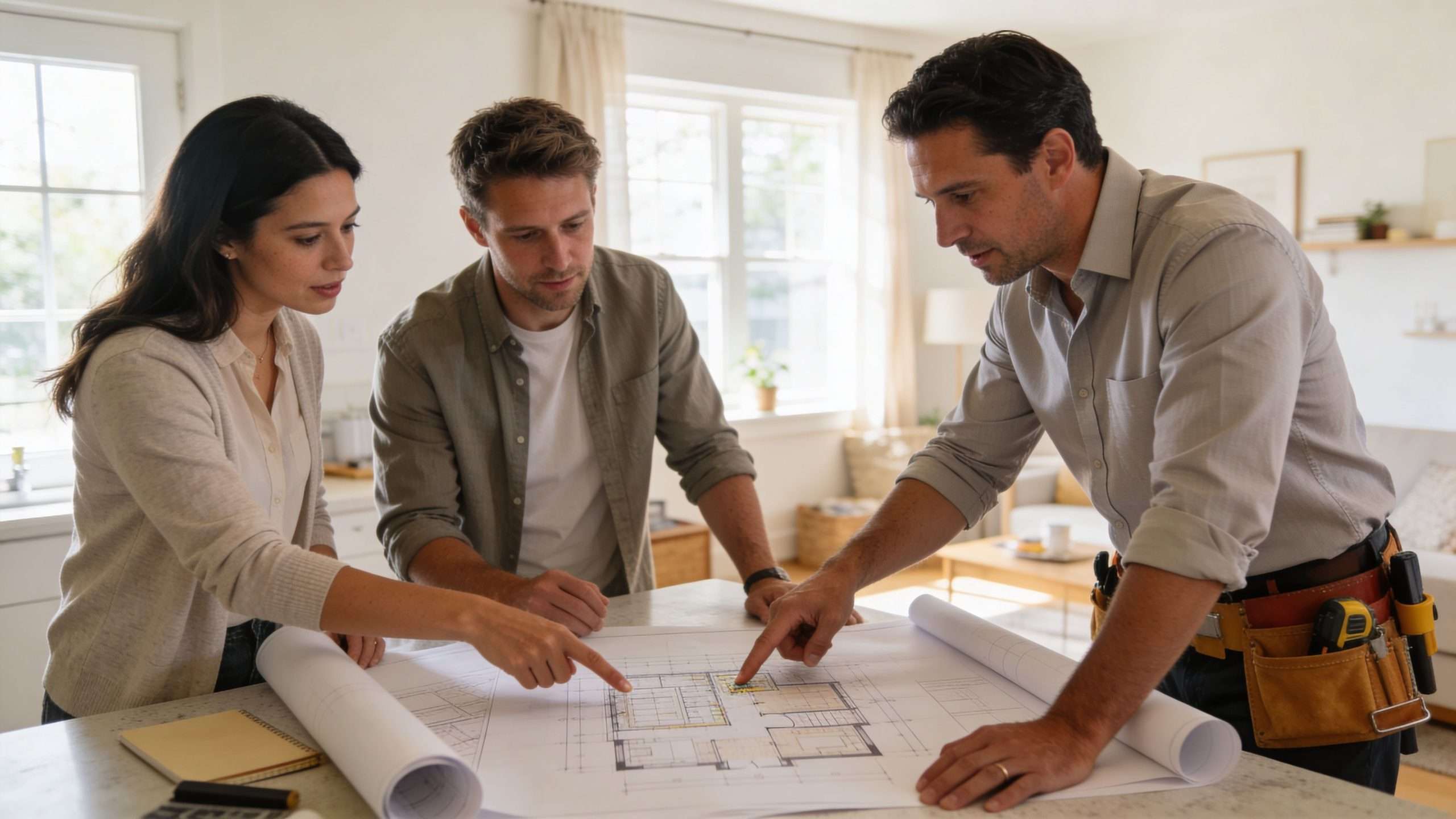 A couple discussing home renovation plans with an architect in a brightly lit kitchen.