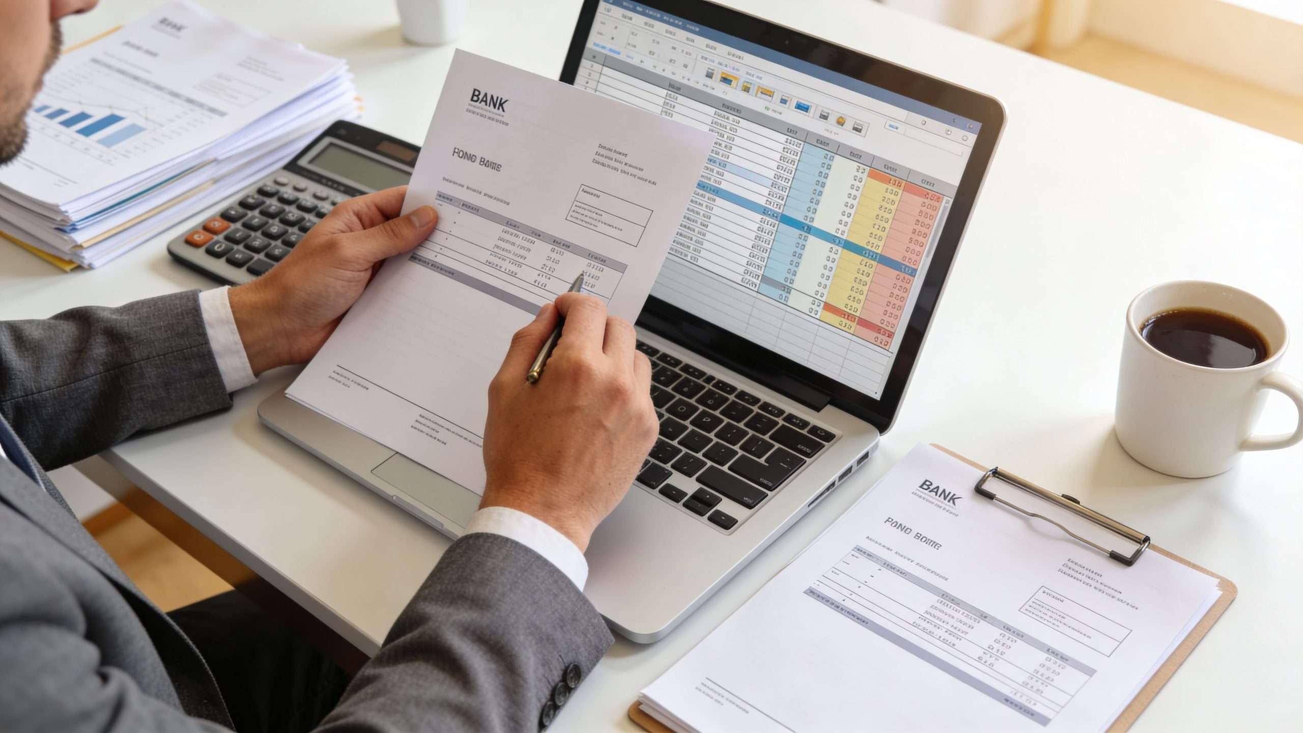 A professional accountant reviews bank financial documents while working on a laptop at a bright office desk.