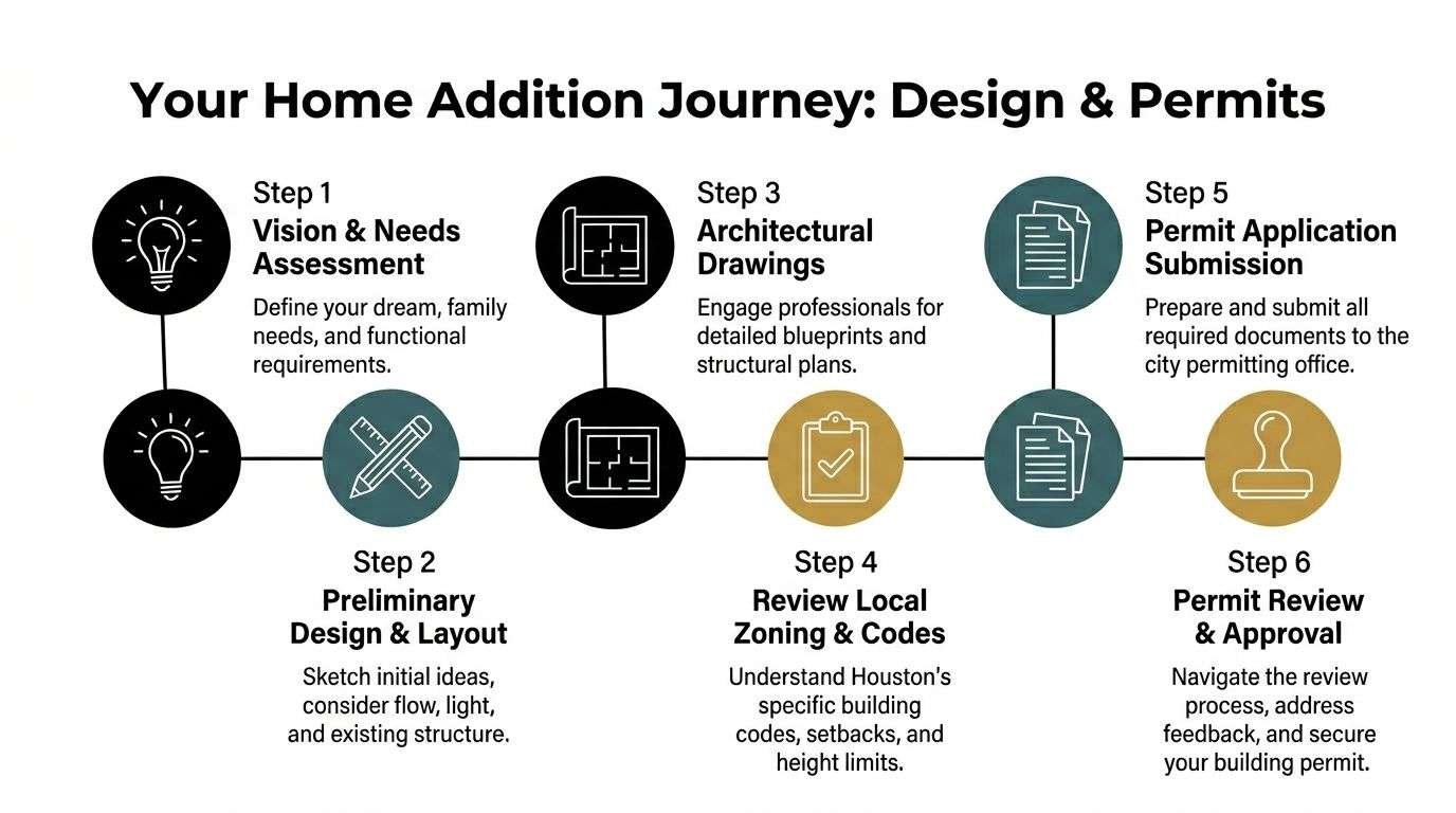 A six-step infographic guide detailing the design and permitting process for a home addition project.
