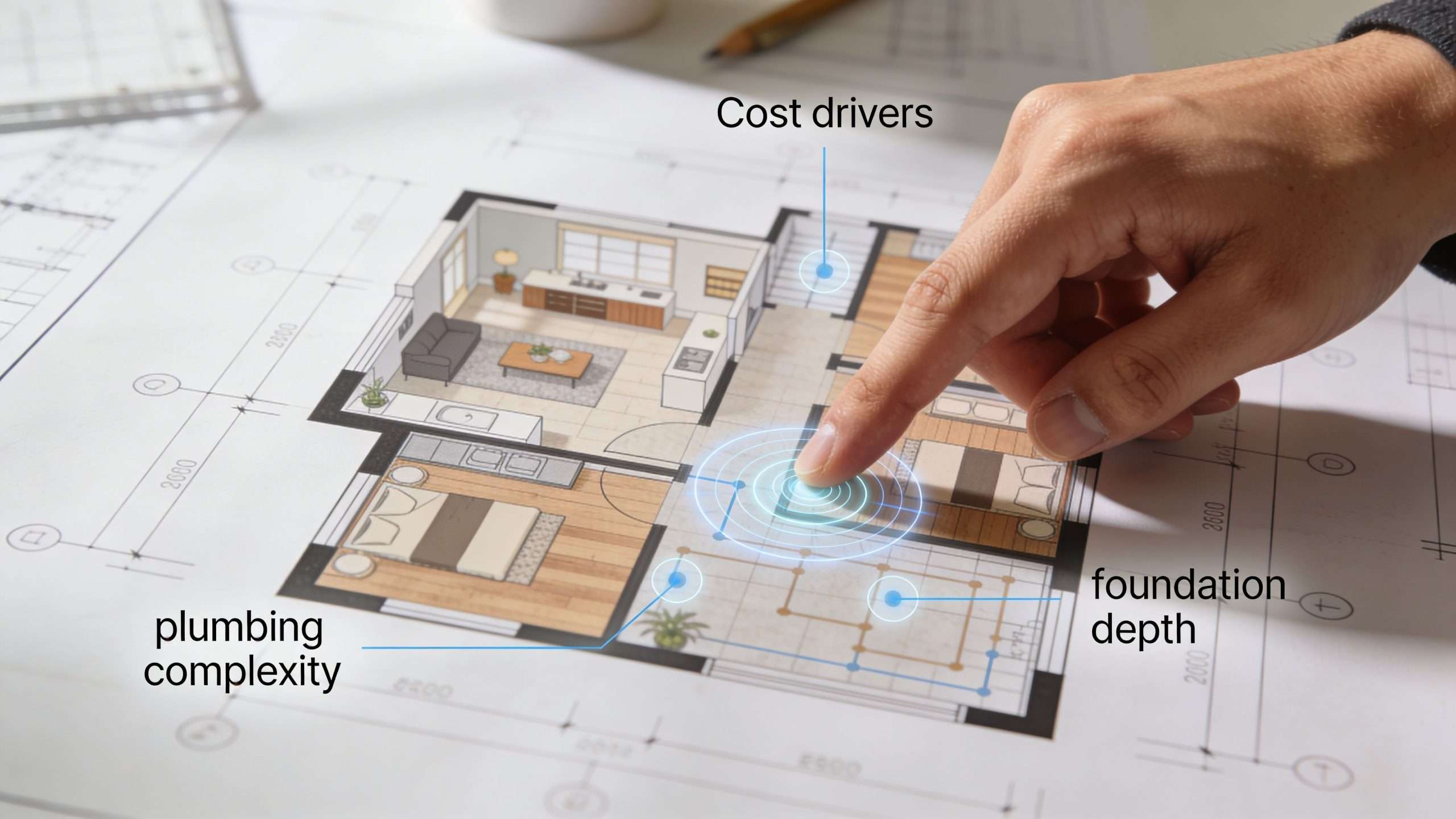 in law suite addition cost architectural planning scaled In Law Suite Addition Cost: A Houston Guide The hard part is cost. National averages are useful, but they only get you so far. In Houston, soil movement, flood concerns, wind exposure, humidity, and local permit review can all change the budget. The in law suite addition cost for a garage conversion is a very different conversation than the cost for a detached backyard unit with its own utilities. A person interacts with an architectural floor plan highlighting construction cost factors like plumbing and foundation depth.
