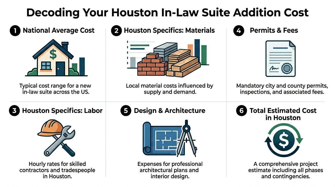 in law suite addition cost infographic In Law Suite Addition Cost: A Houston Guide The hard part is cost. National averages are useful, but they only get you so far. In Houston, soil movement, flood concerns, wind exposure, humidity, and local permit review can all change the budget. The in law suite addition cost for a garage conversion is a very different conversation than the cost for a detached backyard unit with its own utilities. An infographic detailing the various factors influencing the cost of a home in-law suite addition in Houston.