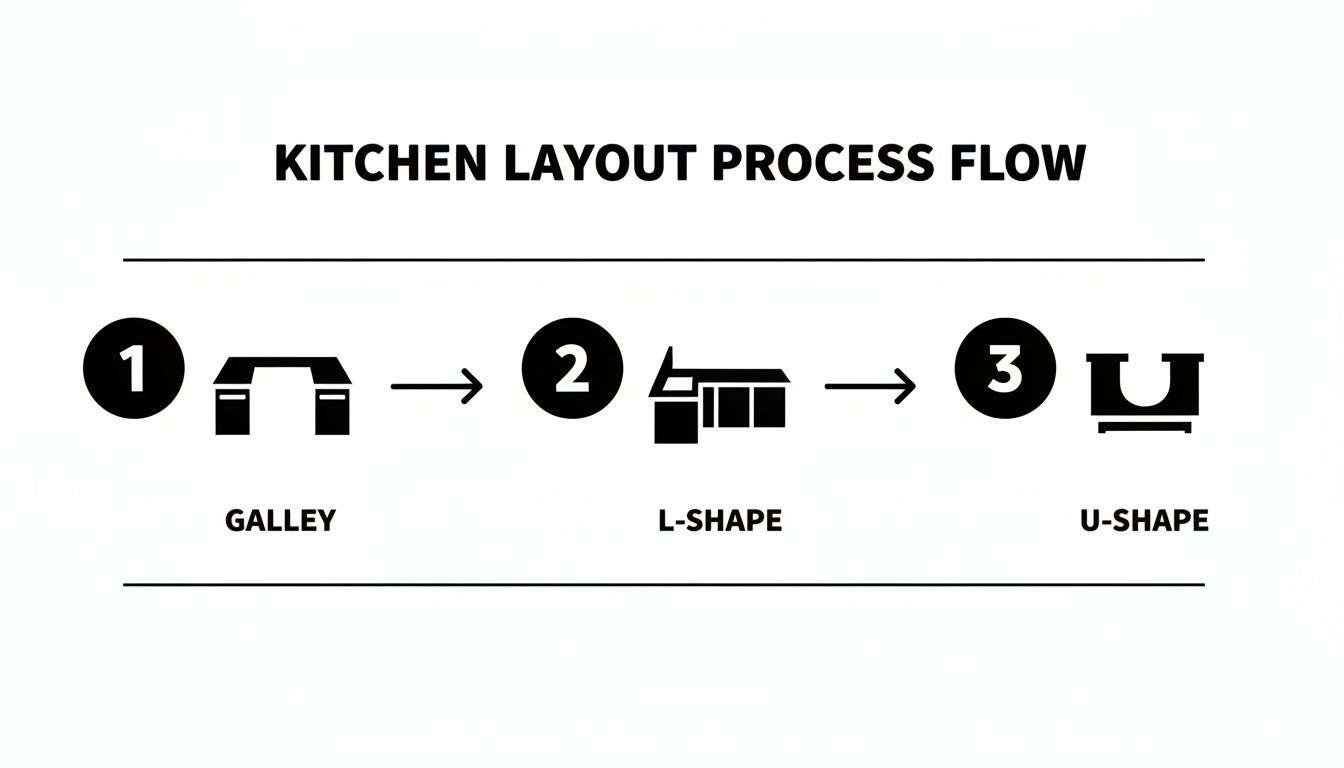 A process flow diagram illustrating kitchen layout evolution from galley to L-shape to U-shape designs.
