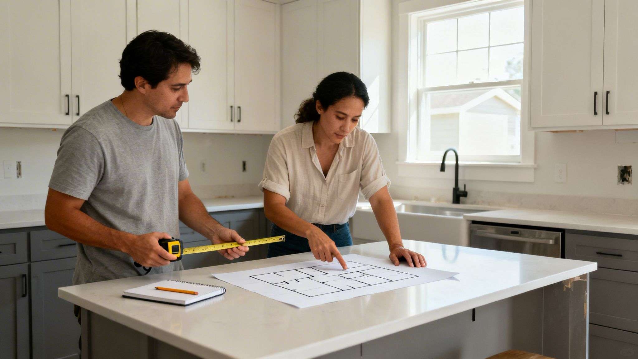 A couple plans their kitchen remodel, looking at a floor plan on a counter with a measuring tape.