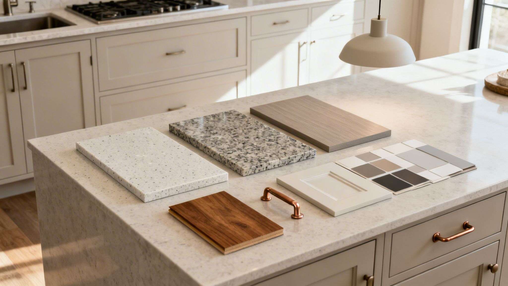 Various kitchen remodel material samples including countertops, wood, cabinet, and paint swatches.