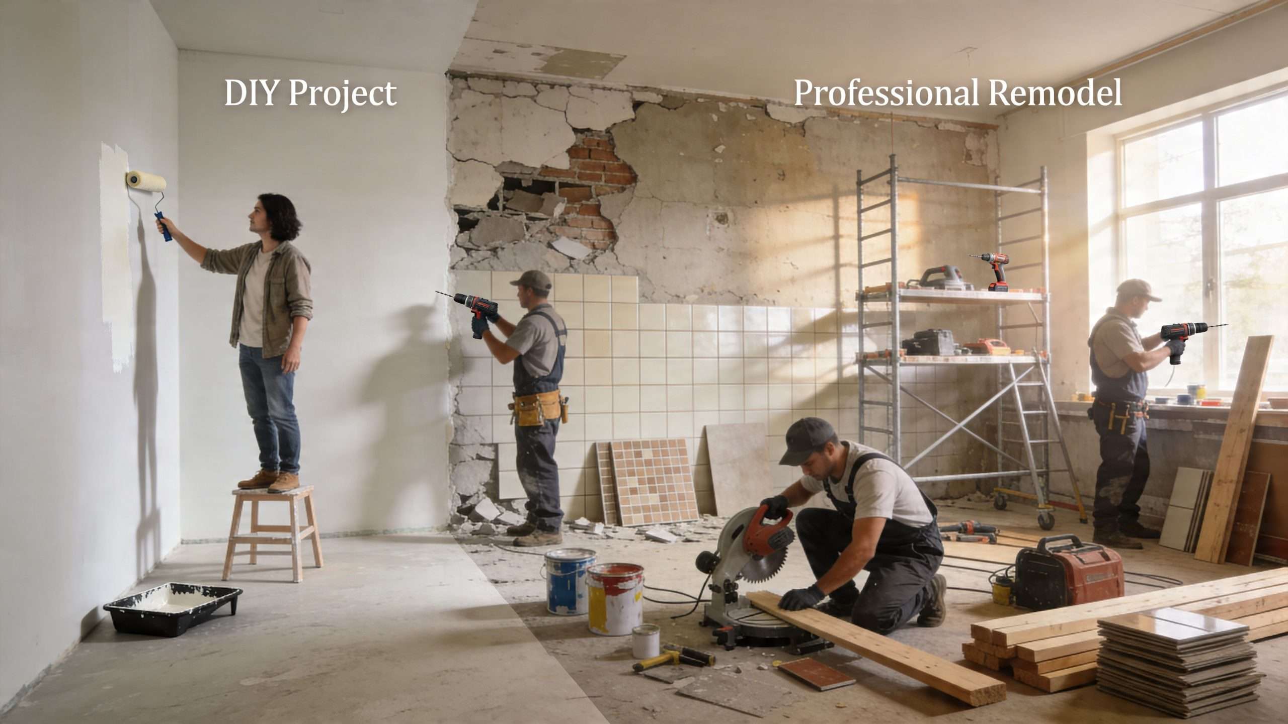 A split scene comparing a DIY painting project with a professional home renovation and construction work.