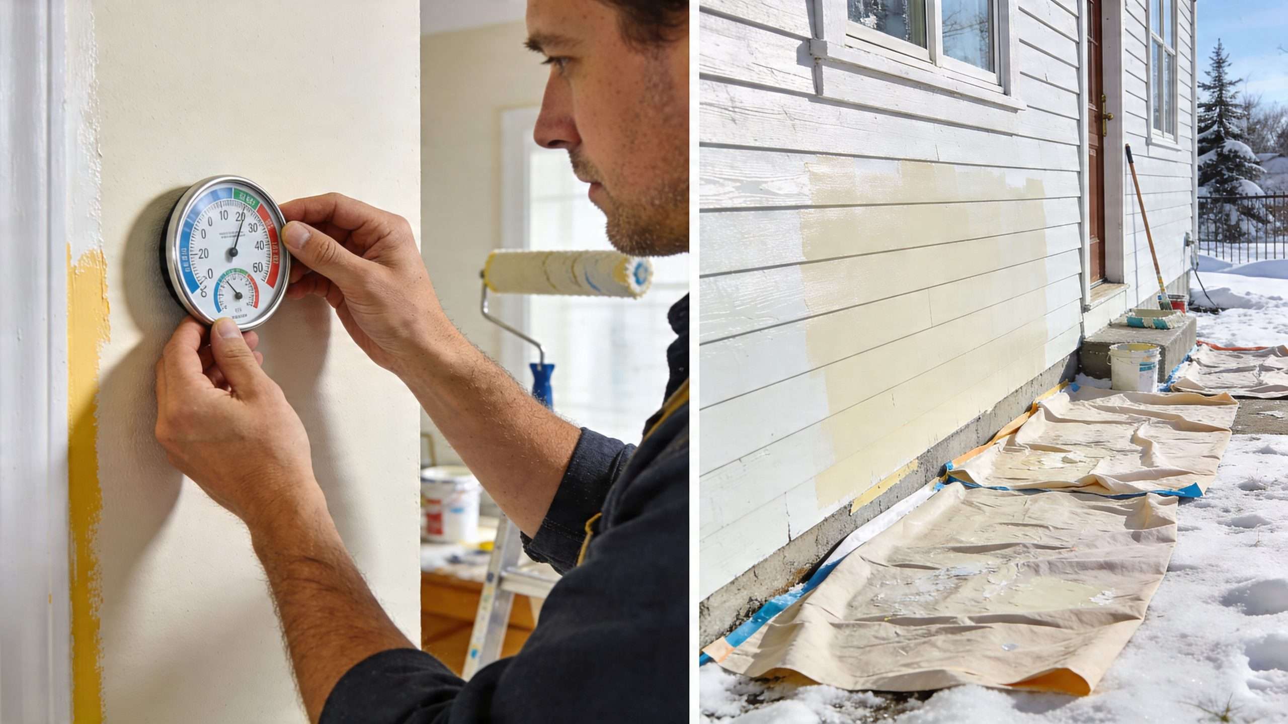A man checks the surface temperature of an exterior wall before painting during cold winter conditions.