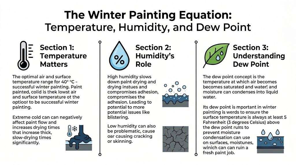 An infographic titled The Winter Painting Equation explaining temperature, humidity, and dew point for painting projects.