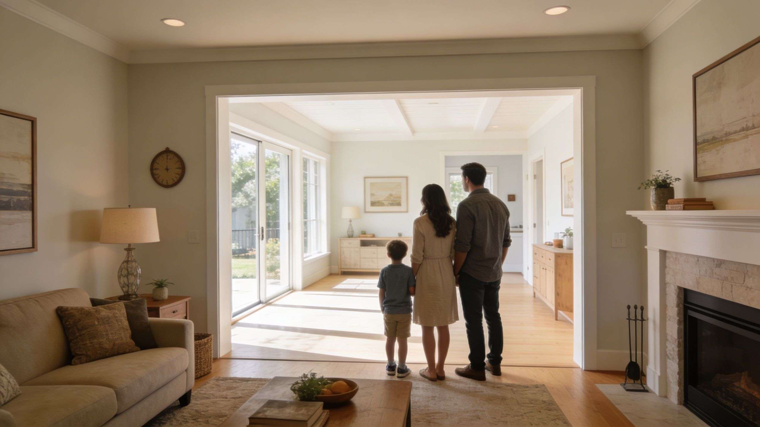 A family of three stands in their living room looking out toward a spacious, sunlit home addition.