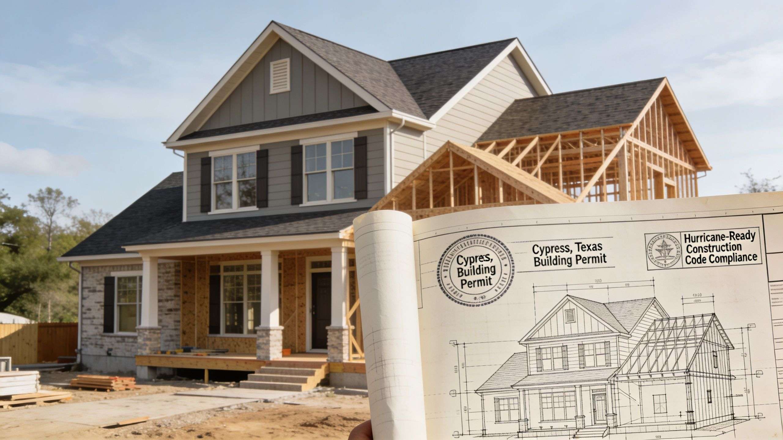 A house under construction in Cypress, Texas, with architectural blueprints showing compliance with hurricane-ready building codes.