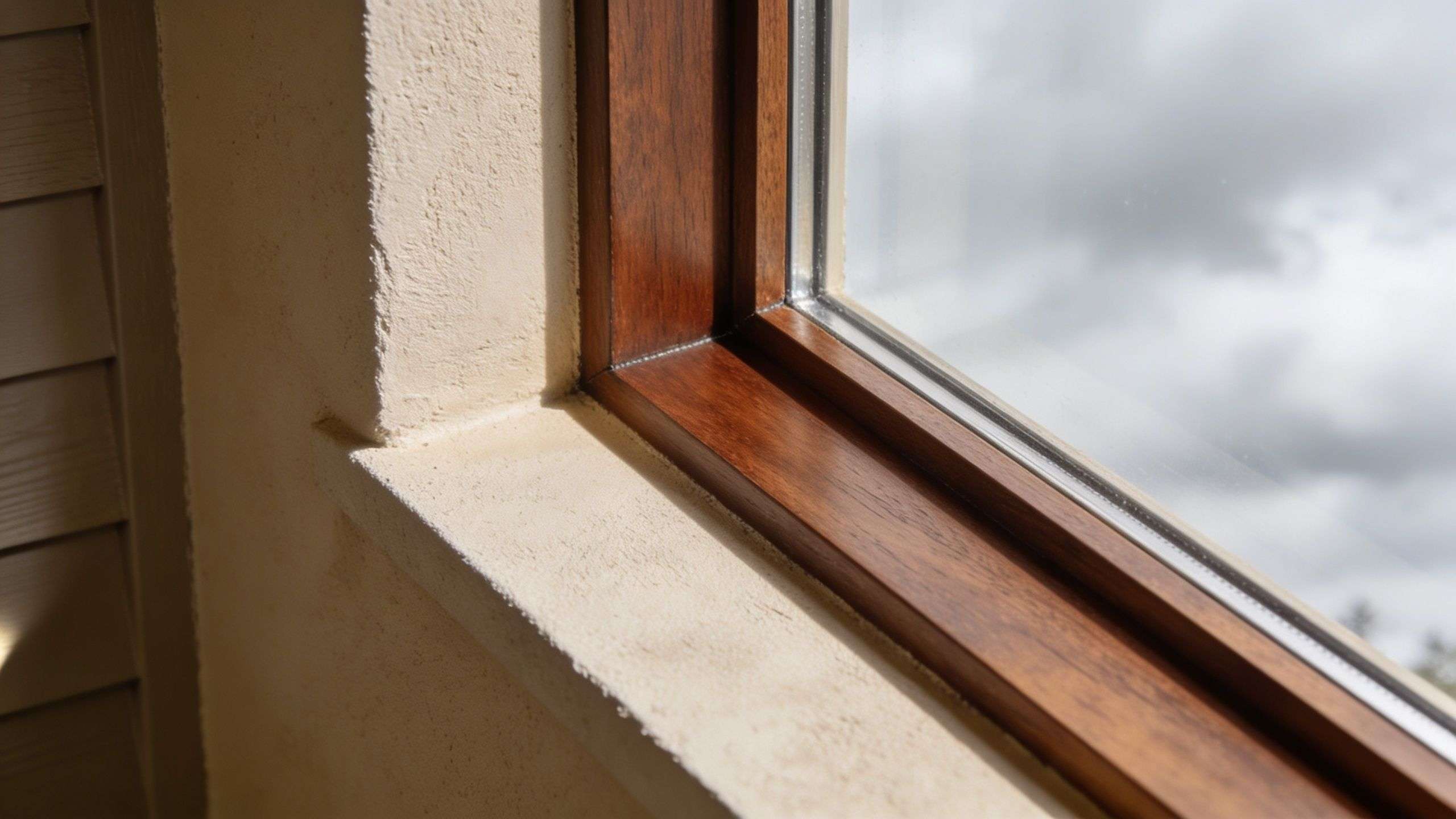 A close-up view of a high-quality wooden window frame installed against a smooth beige interior wall.