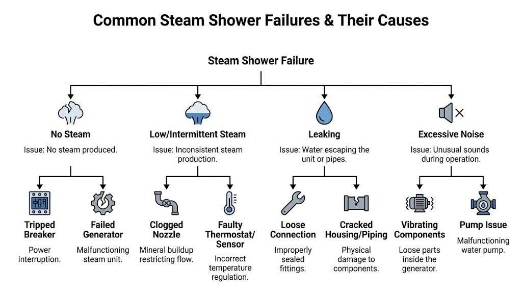 A diagram illustrating common steam shower failures including no steam, inconsistent steam, leaking, and excessive noise.