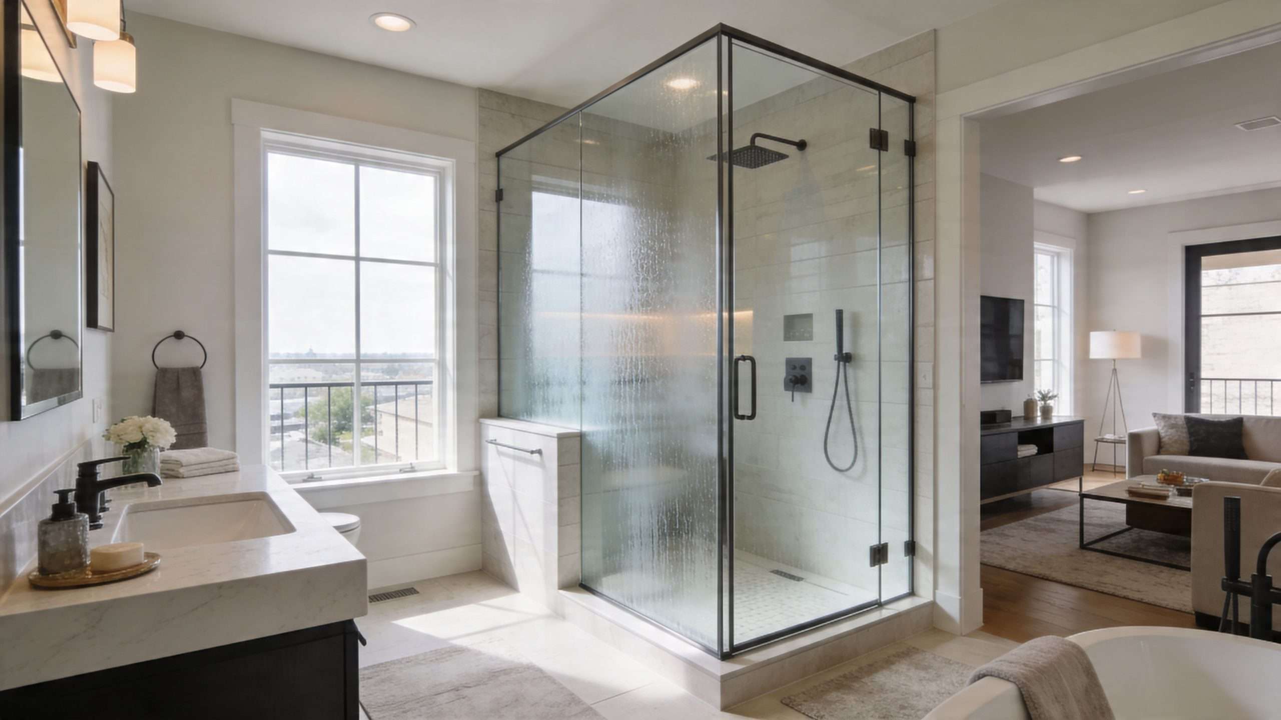 A modern, bright bathroom with a glass steam shower, marble vanity, and a glimpse into a living area.