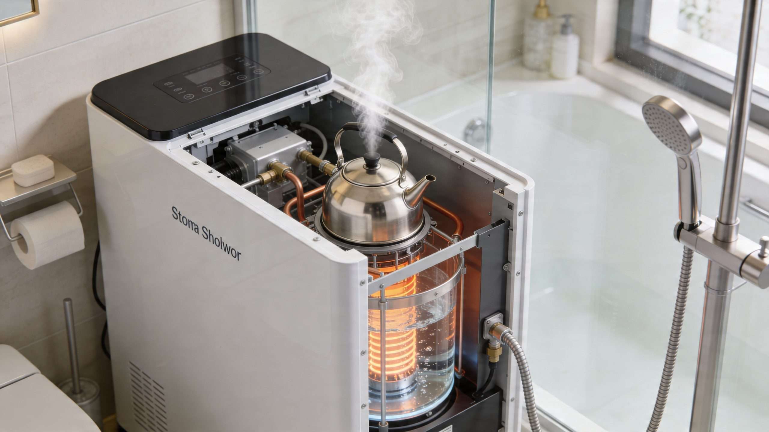 A steam shower unit with its interior components, including a heating element and tea kettle, exposed.
