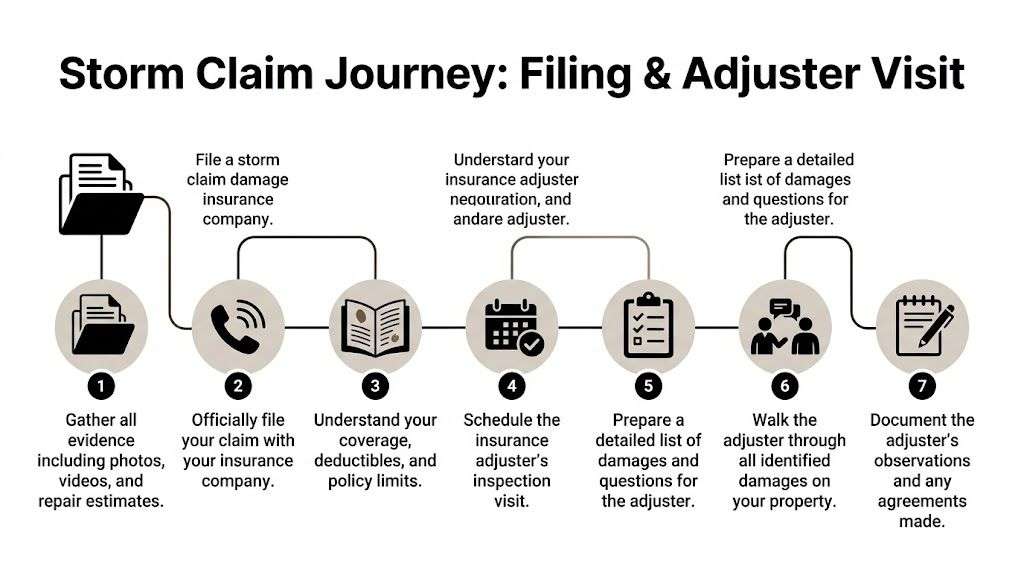 storm damage insurance claim process claim journey Simplify Your Storm Damage Insurance Claim Process The storm damage insurance claim process is where a lot of good homeowners get trapped. Not because they did anything wrong, but because they waited too long to document, said too much too early, or trusted that the insurer's first pass would catch everything. It usually doesn't. A seven-step flowchart infographic outlining the essential process for filing a storm damage insurance claim.