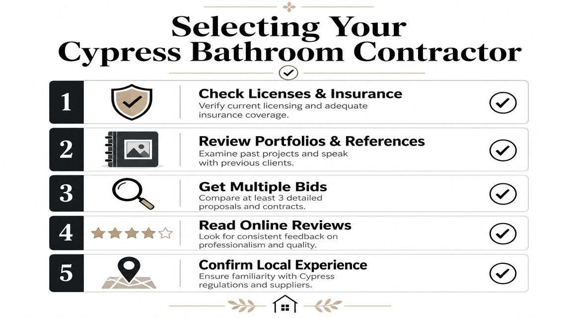 An infographic titled Selecting Your Cypress Bathroom Contractor listing five essential steps for choosing a contractor.