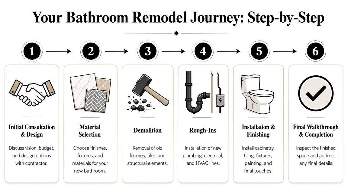 A step-by-step infographic illustrating the six stages of a residential bathroom remodeling project process.