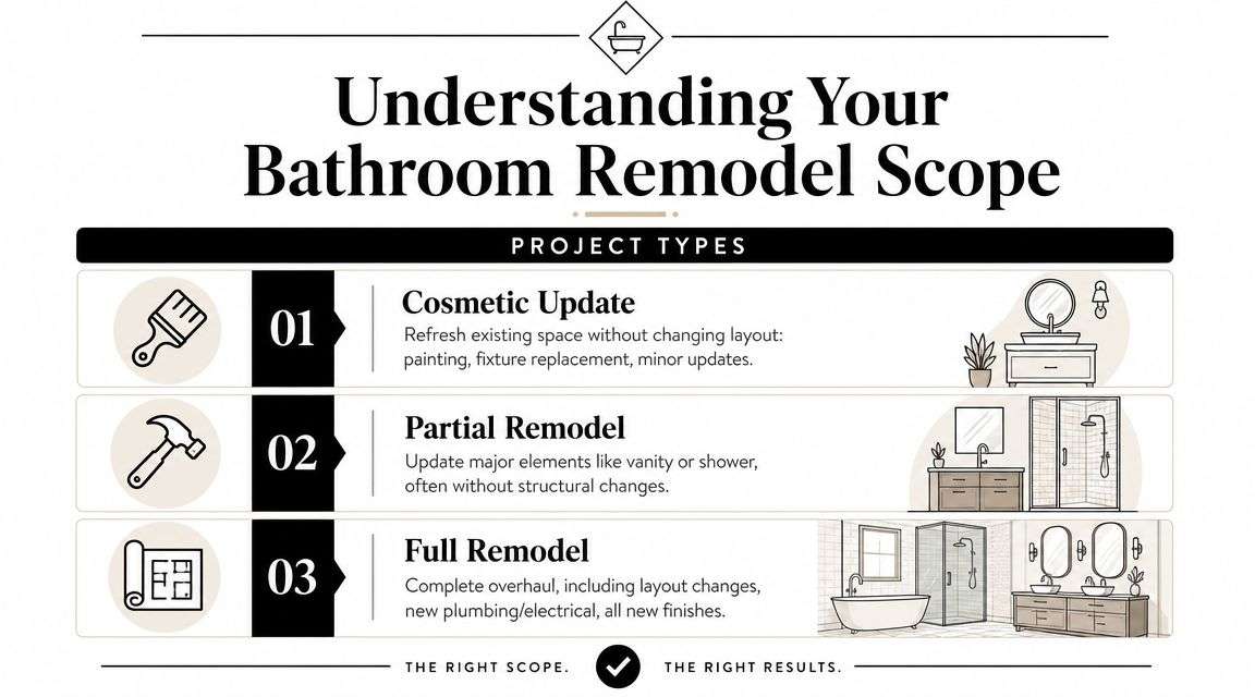 A visual guide illustrating three types of bathroom remodeling projects: cosmetic updates, partial remodels, and full remodels.