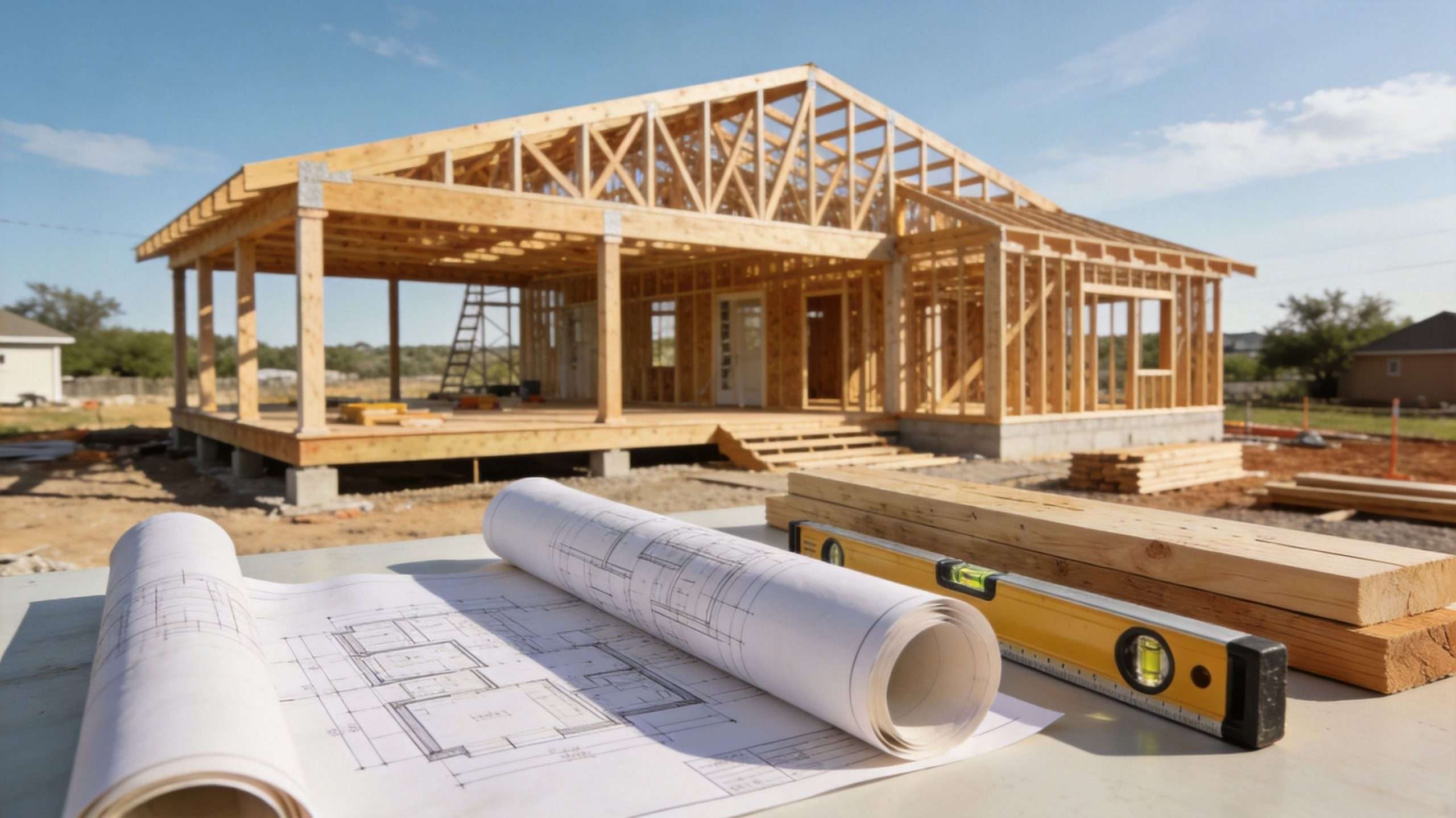 Architectural blueprints and a spirit level on a table in front of a wooden house frame