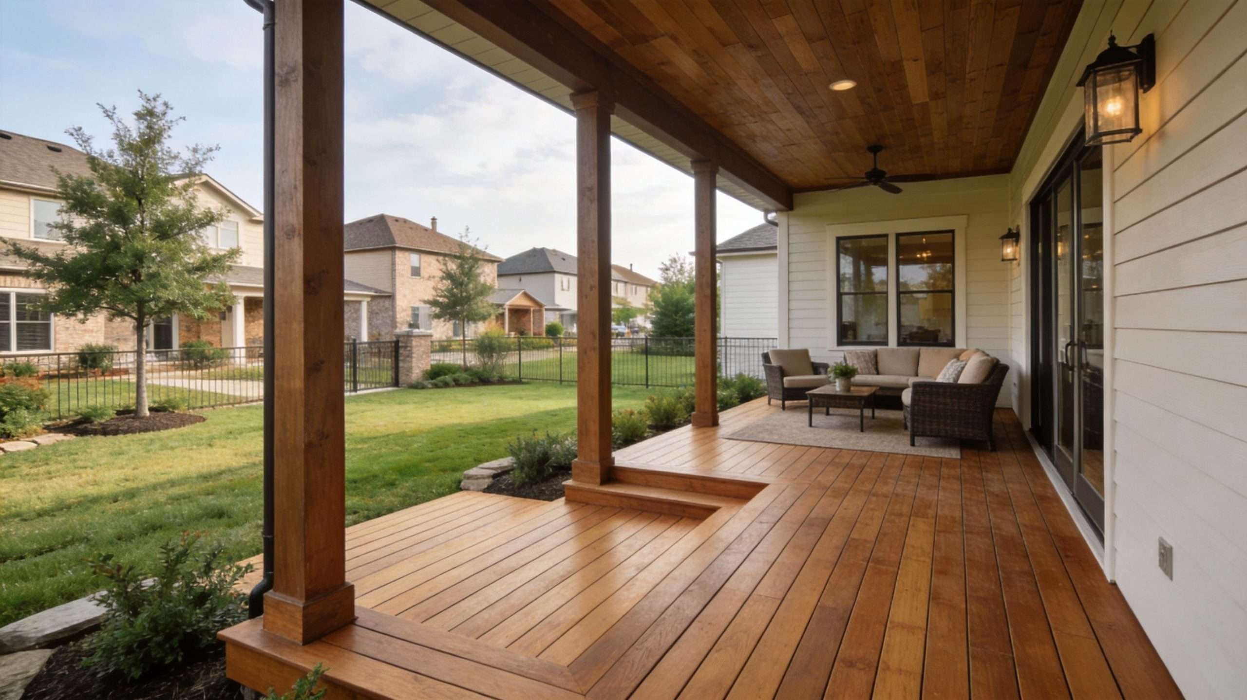 A beautiful covered wooden deck featuring comfortable outdoor furniture overlooking a spacious green suburban backyard.