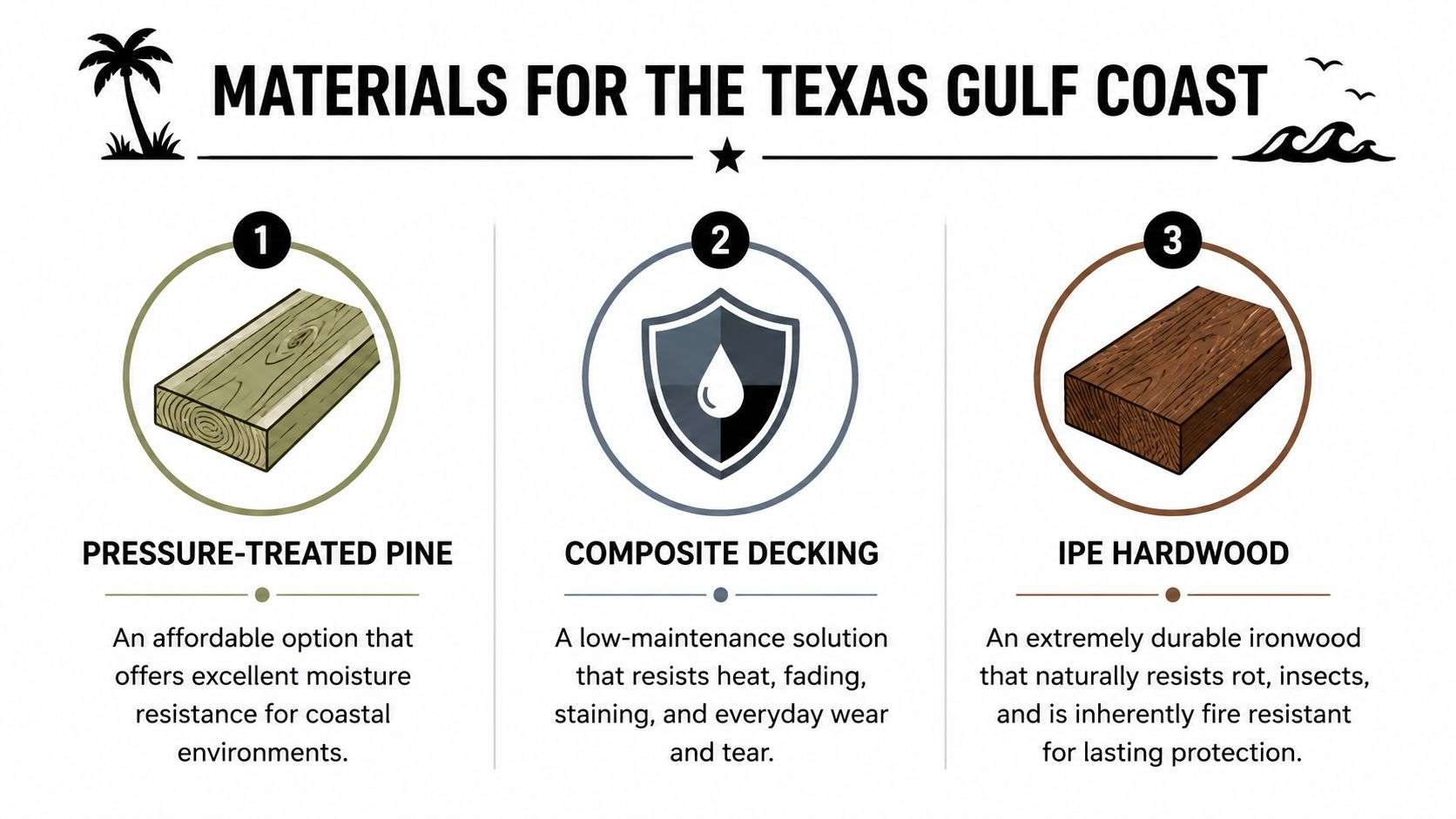 A list of three decking materials suitable for the Texas Gulf Coast, including pressure-treated pine, composite, and ipe.