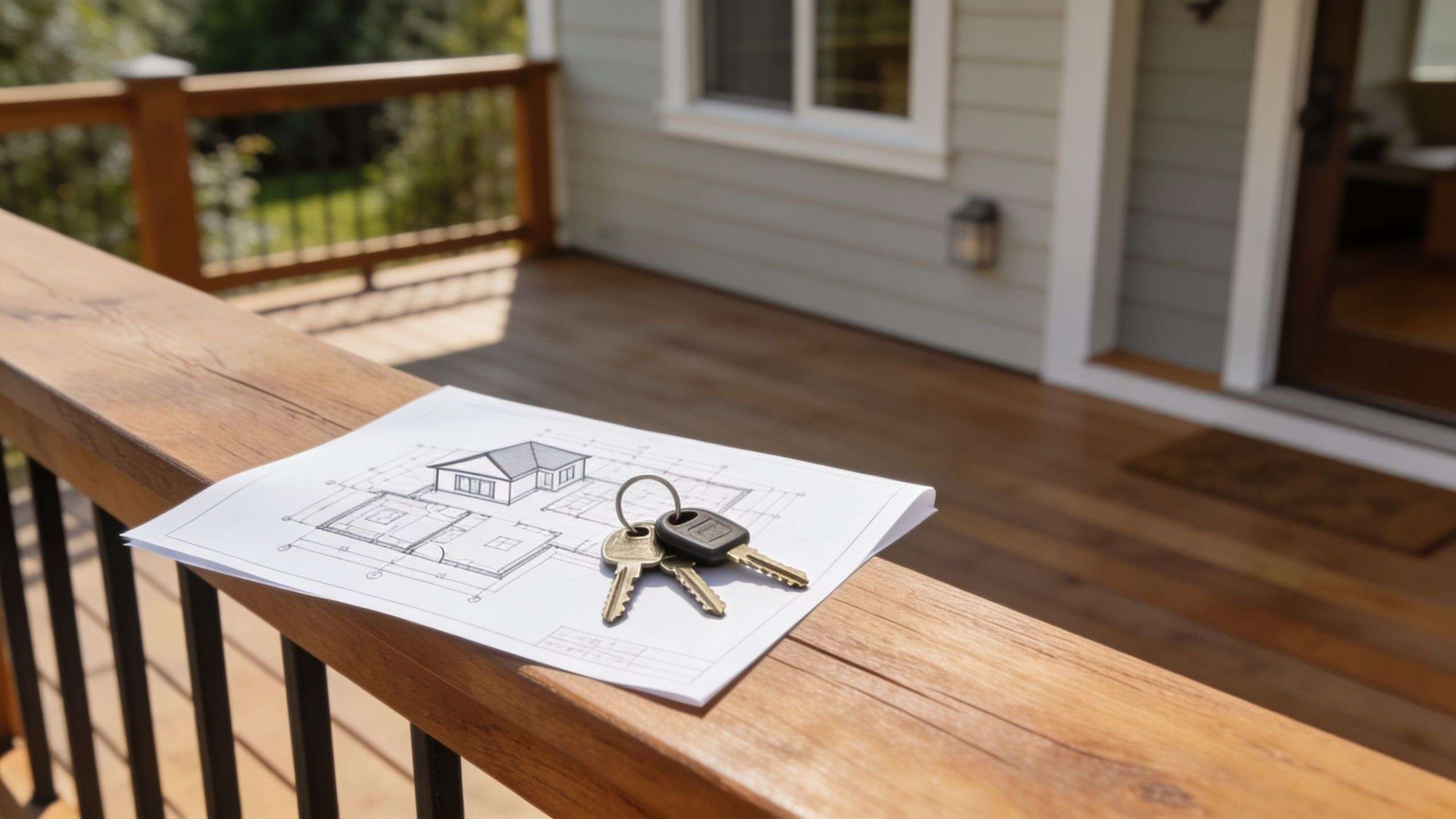 House blueprints with keys lying on a wooden deck railing in front of a new home.