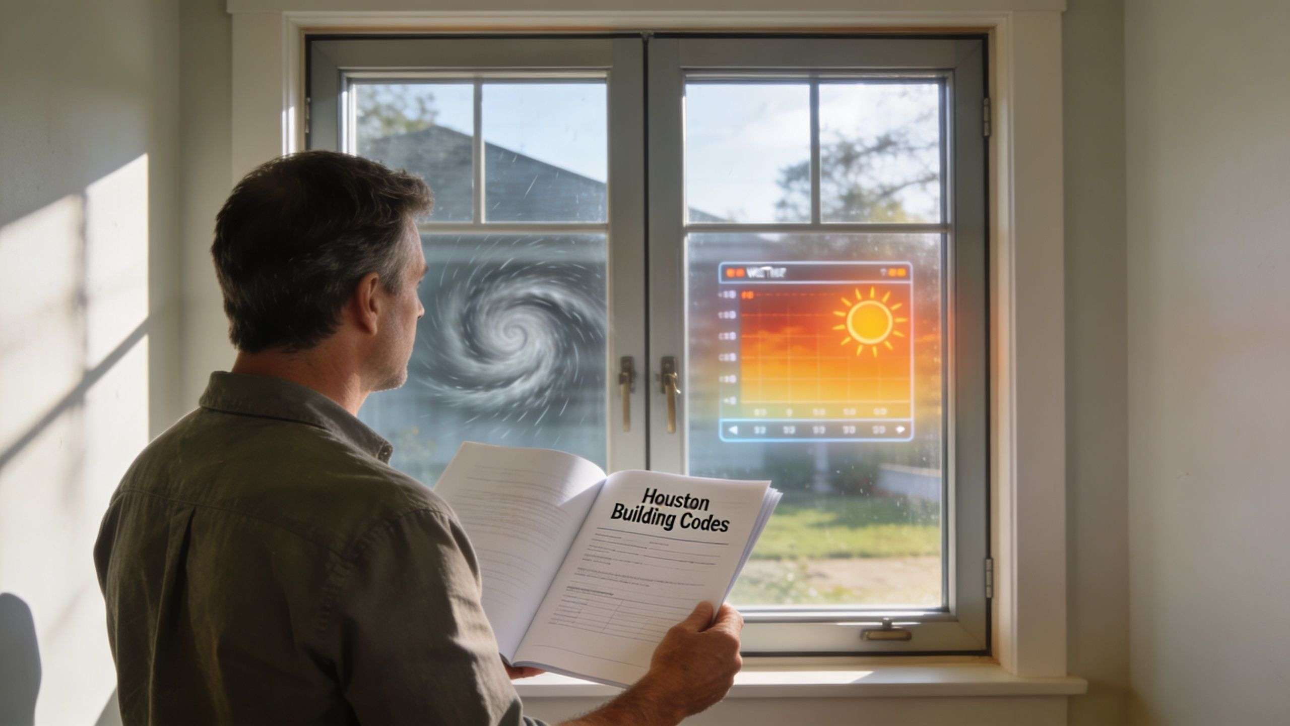 A man holds a Houston Building Codes book while looking at a window with digital energy data.