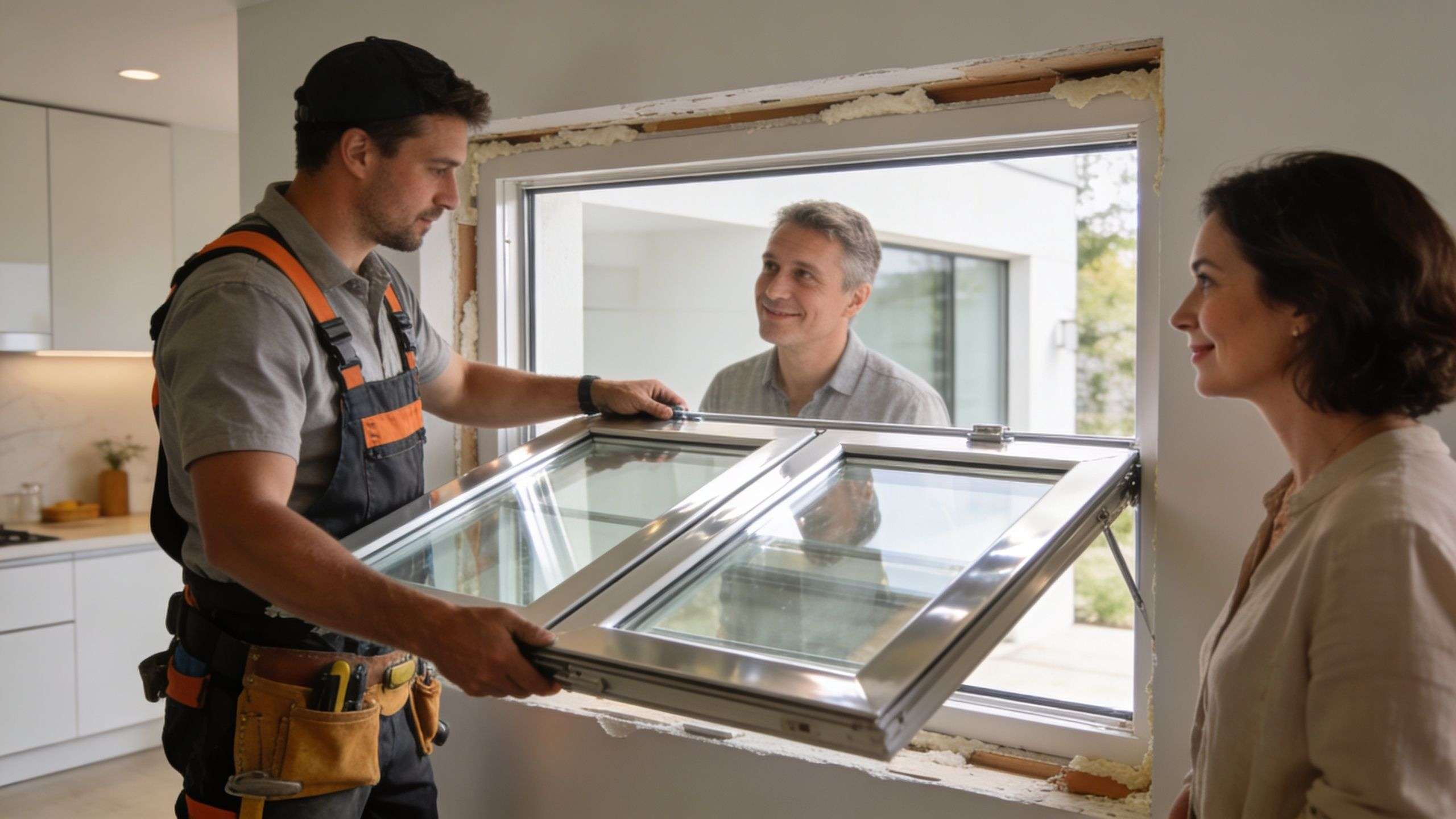 A professional contractor installs an energy efficient double pane window while homeowners watch the process in their kitchen.