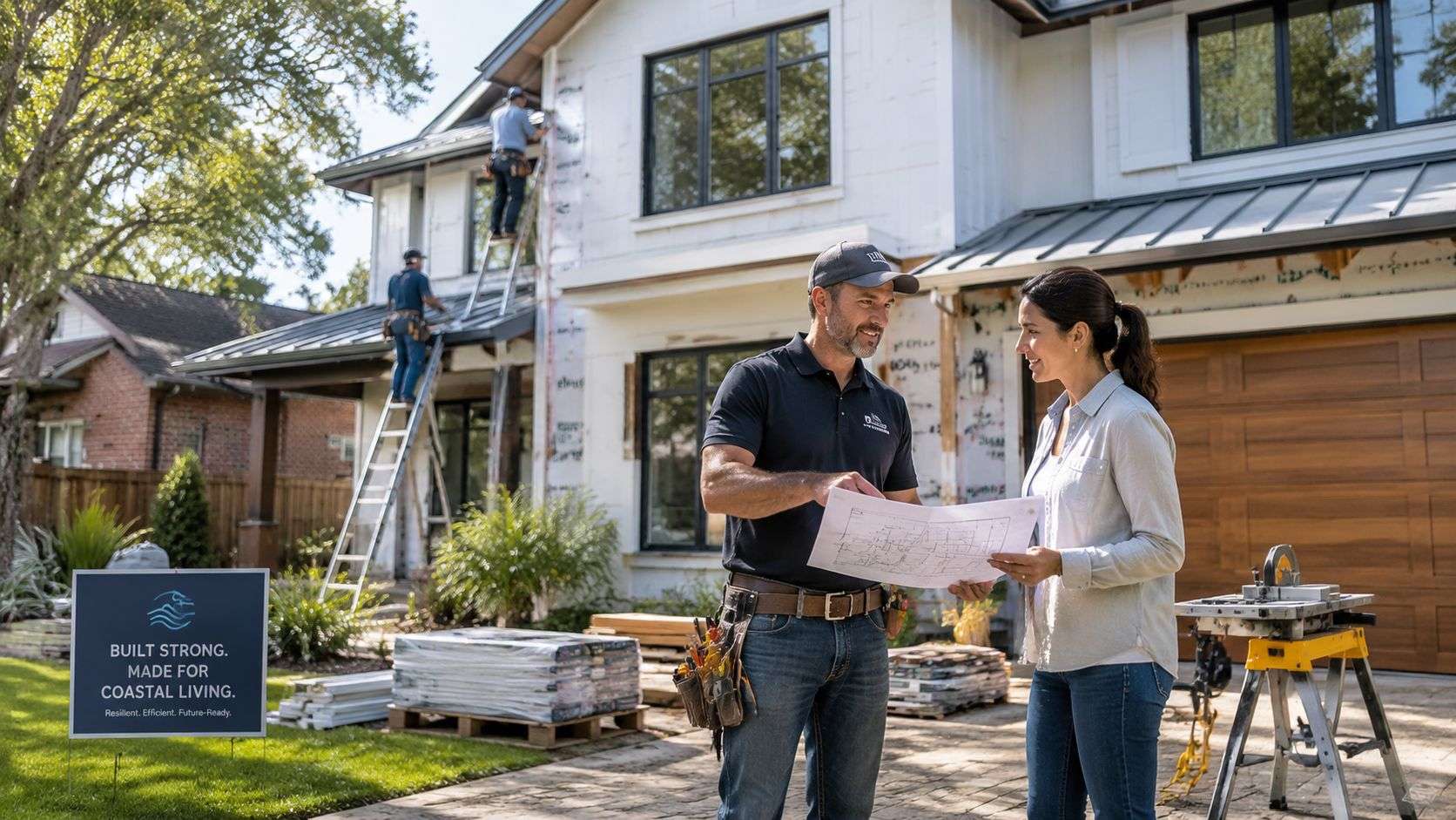 A professional home contractor discusses construction blueprints with a female client at a residential building site.