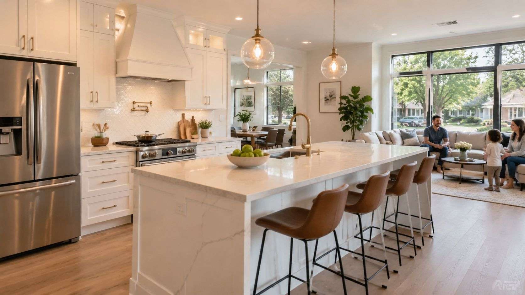 A bright modern kitchen with a large marble island, white cabinets, and a family in the living room.