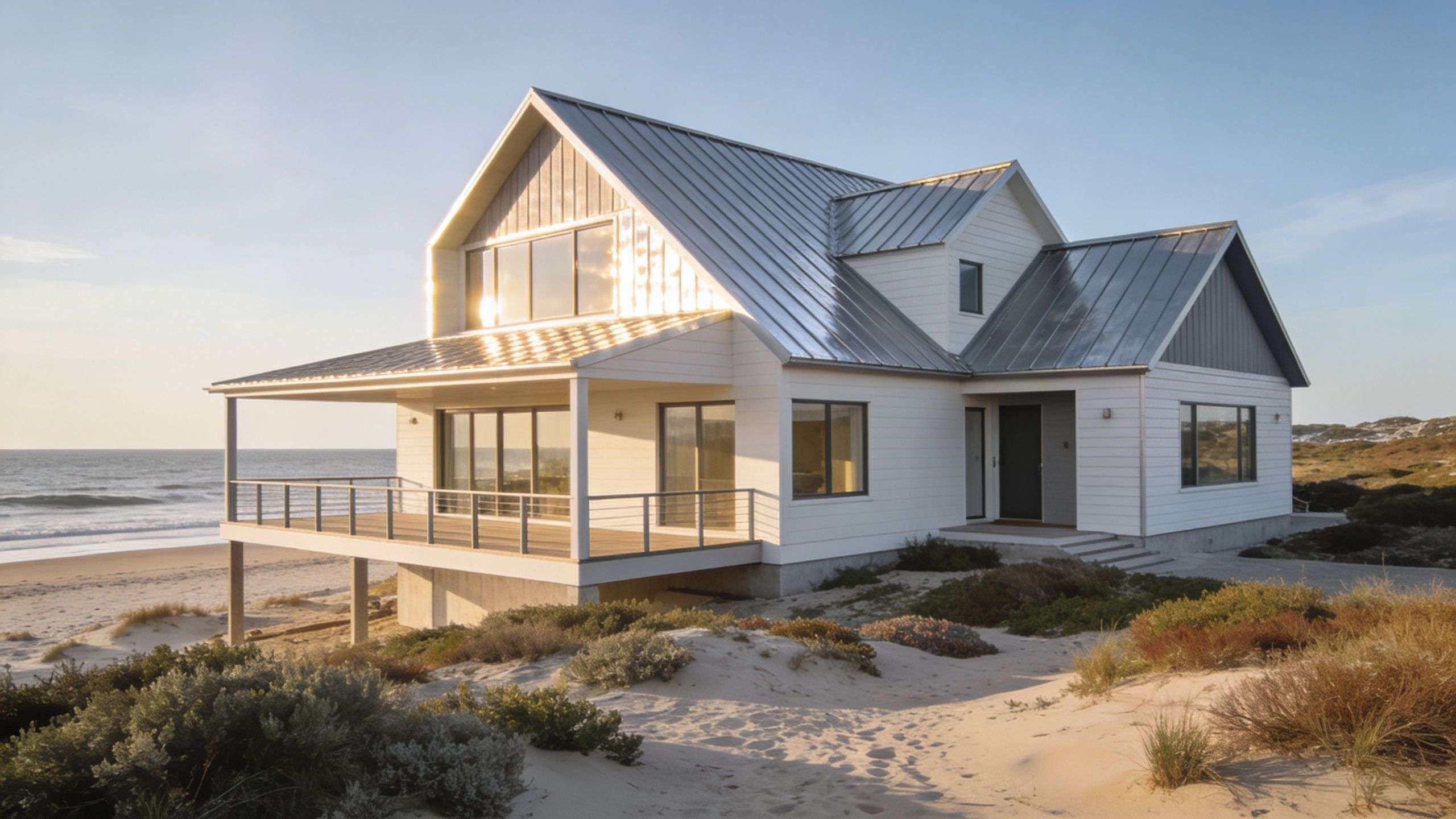 A modern coastal home with a metal roof and large deck situated on sandy dunes by the ocean.