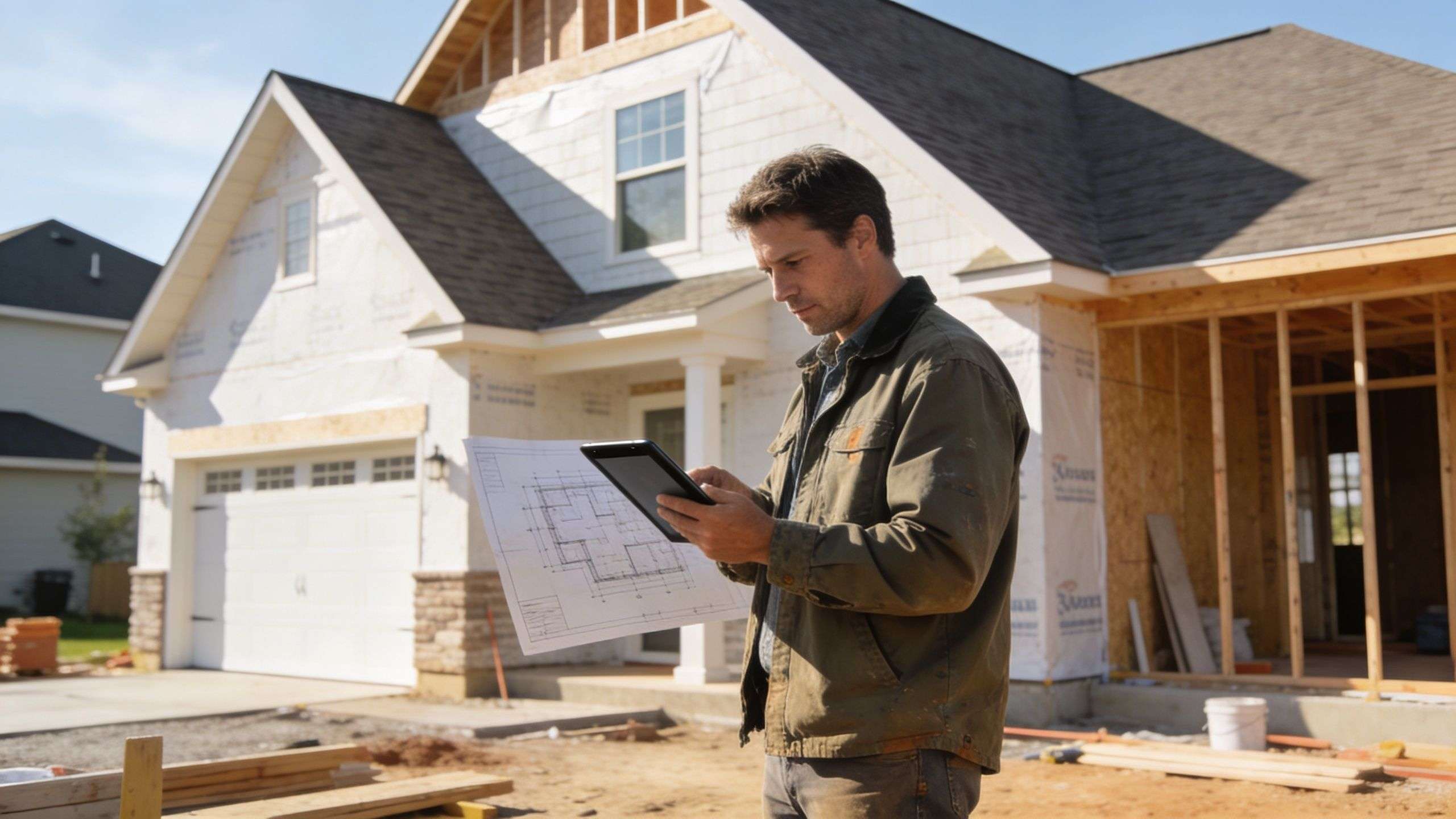A professional construction worker holding architectural blueprints and a tablet in front of a new house construction site.