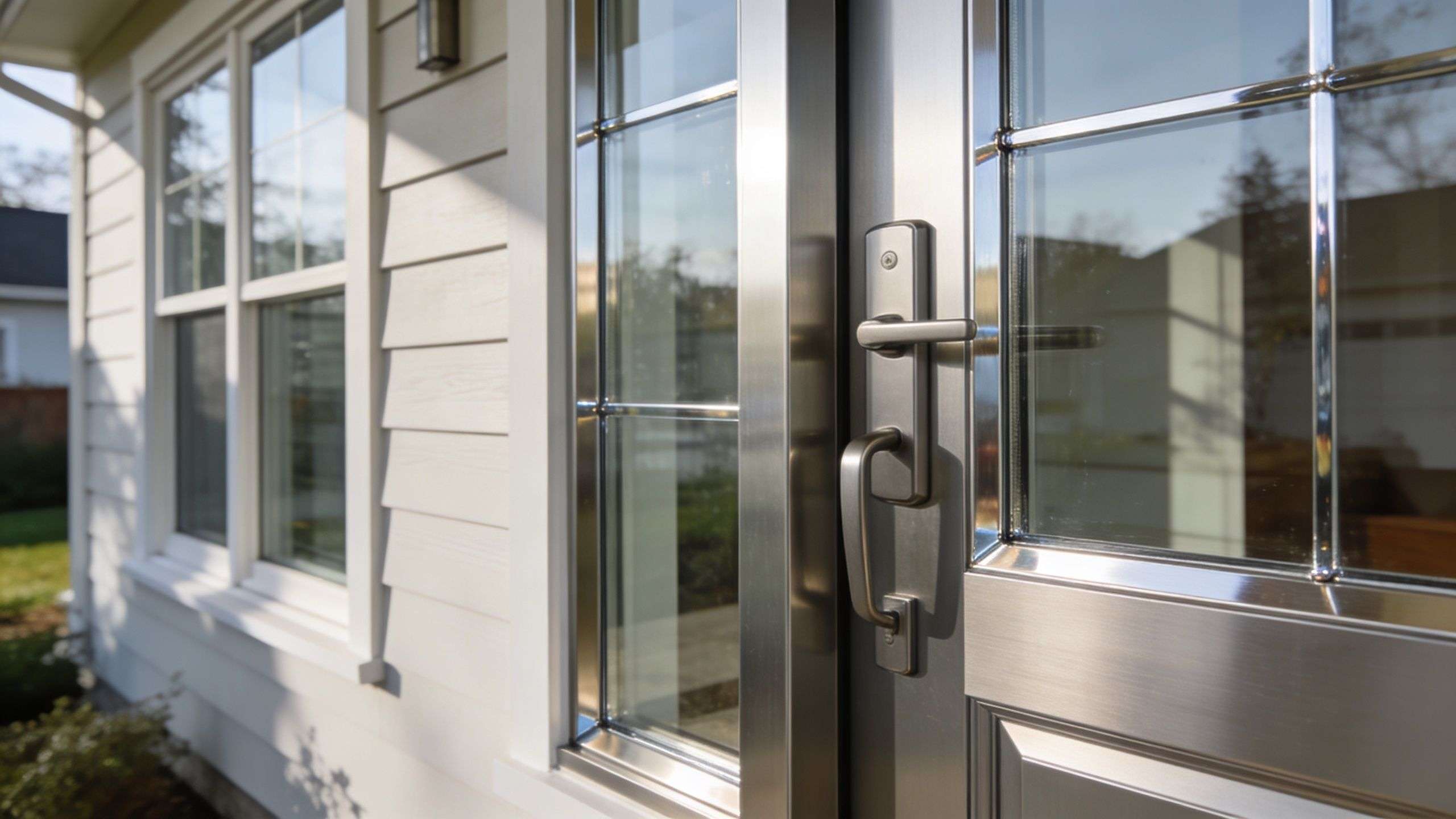 A close-up view of a modern stainless steel door handle and frame on a suburban residential home.