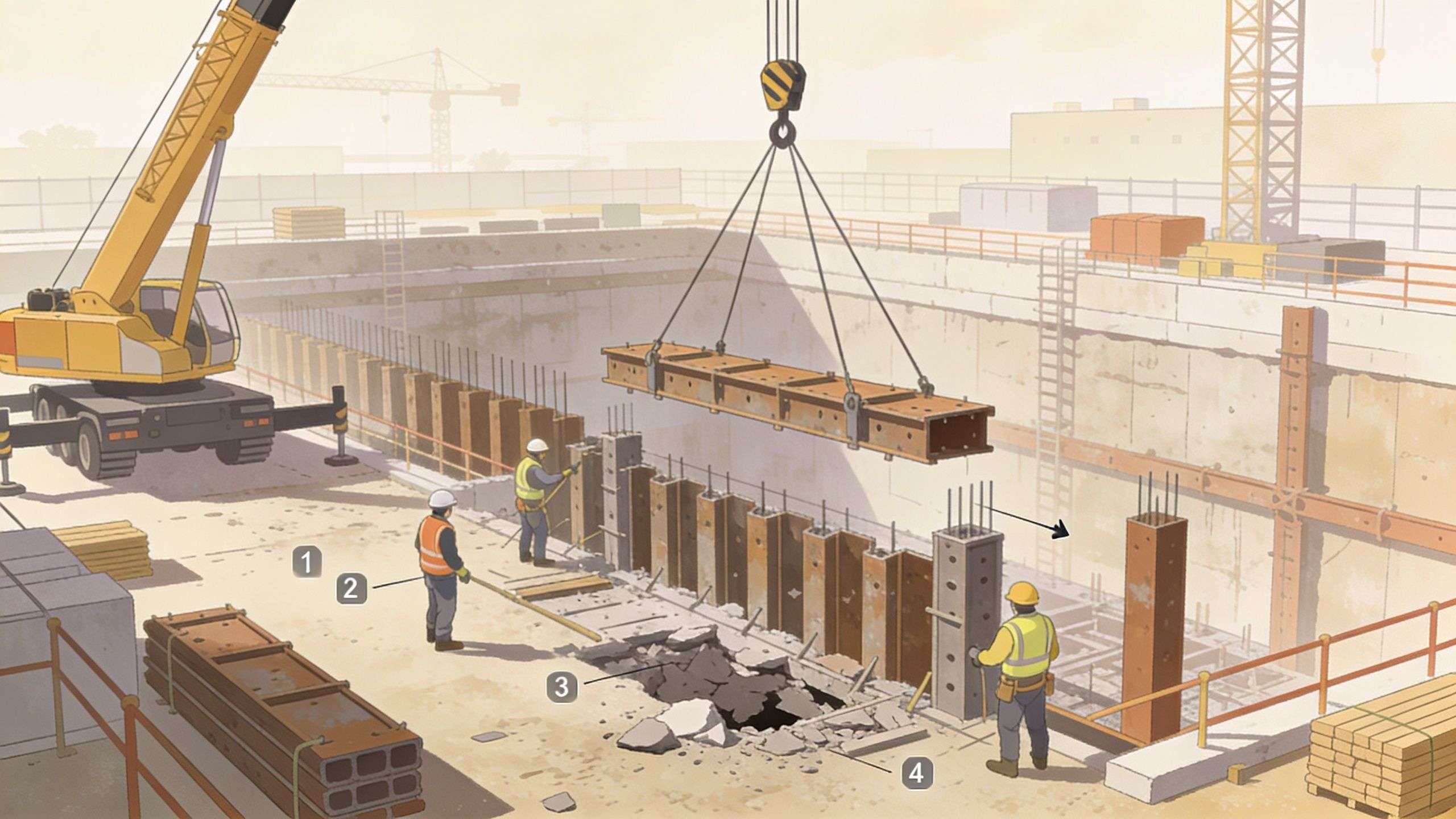 Construction workers operating at a building site with a crane lifting a heavy steel beam overhead.