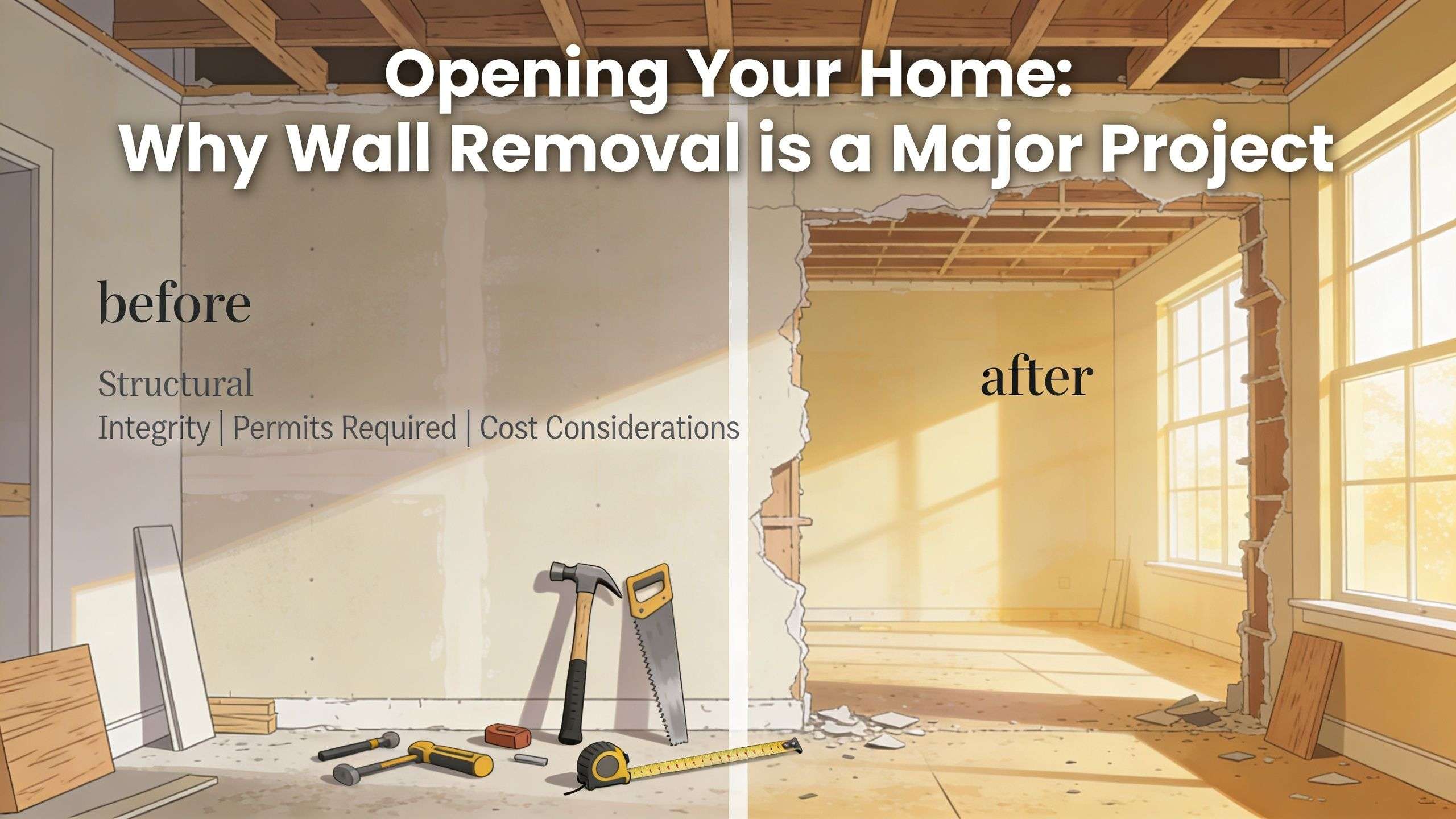 A split image showing a home interior before and after wall removal, highlighting major renovation considerations.