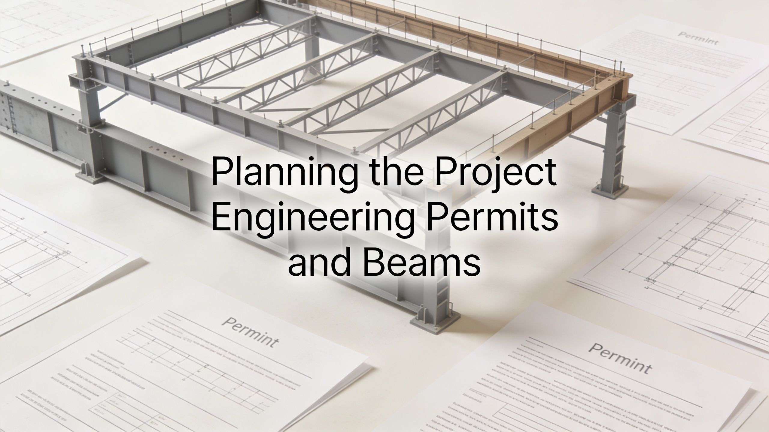 A miniature structural steel beam frame on a desk surrounded by construction permit documents.