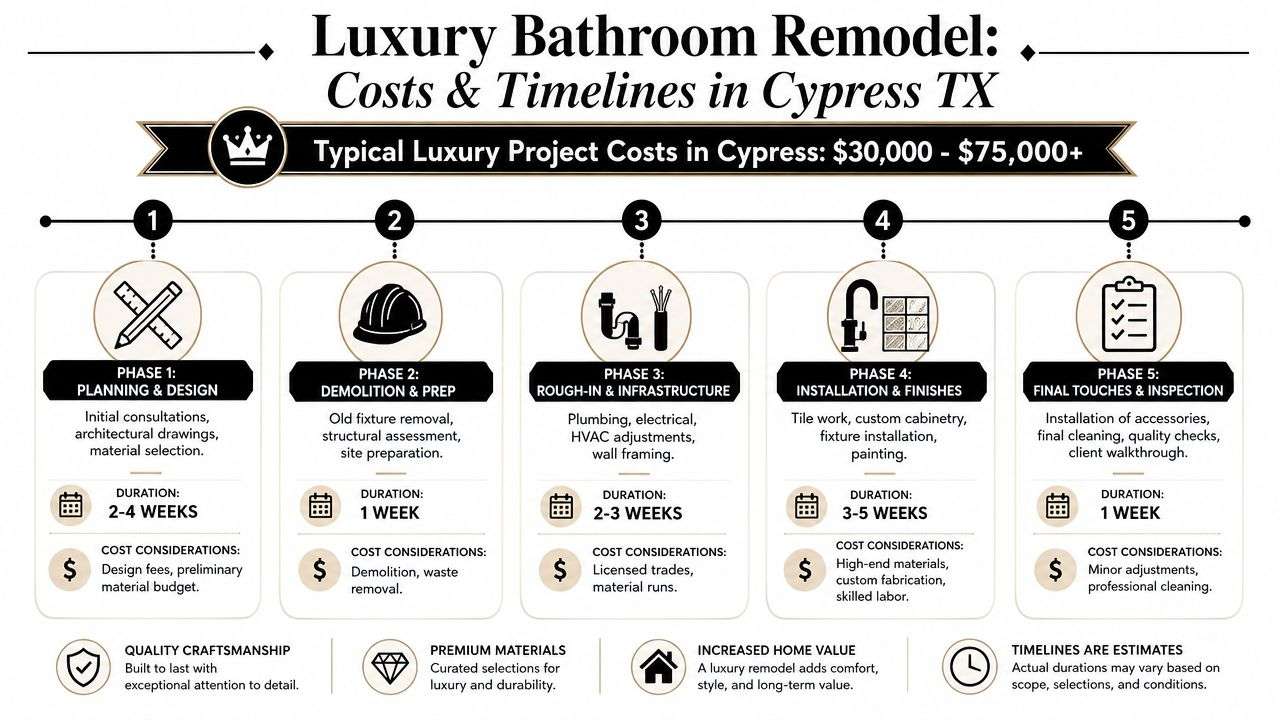 An infographic detailing the five phases of a luxury bathroom remodeling project in Cypress, Texas.